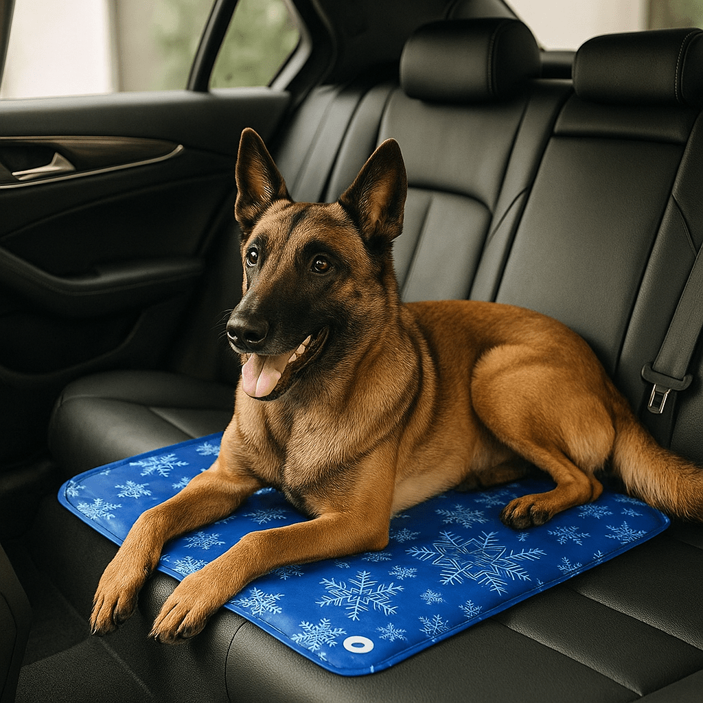 Tapis-rafraichissant-chien-chiot-gel-impermĂ©able-lavable-polyvalent-pour-sol-lit-panier-cage-caisse-de-transport-voiture-voyage-rĂ©utilisable-rĂ©sistant-au-griffes-compatible avec rĂ©frigĂ©rateur ou frigo-sans produits toxique-confort thermique pour le bien-ĂȘtre et la santĂ© des chiens-un grand chien couchĂ© et dĂ©tendu malgrĂ© les tempĂ©ratures chaudes sur son tapis rafraichissant au design mignon polaire de couleur bleu sur les siĂšges arriĂšre de la voiture en Ă©tĂ©