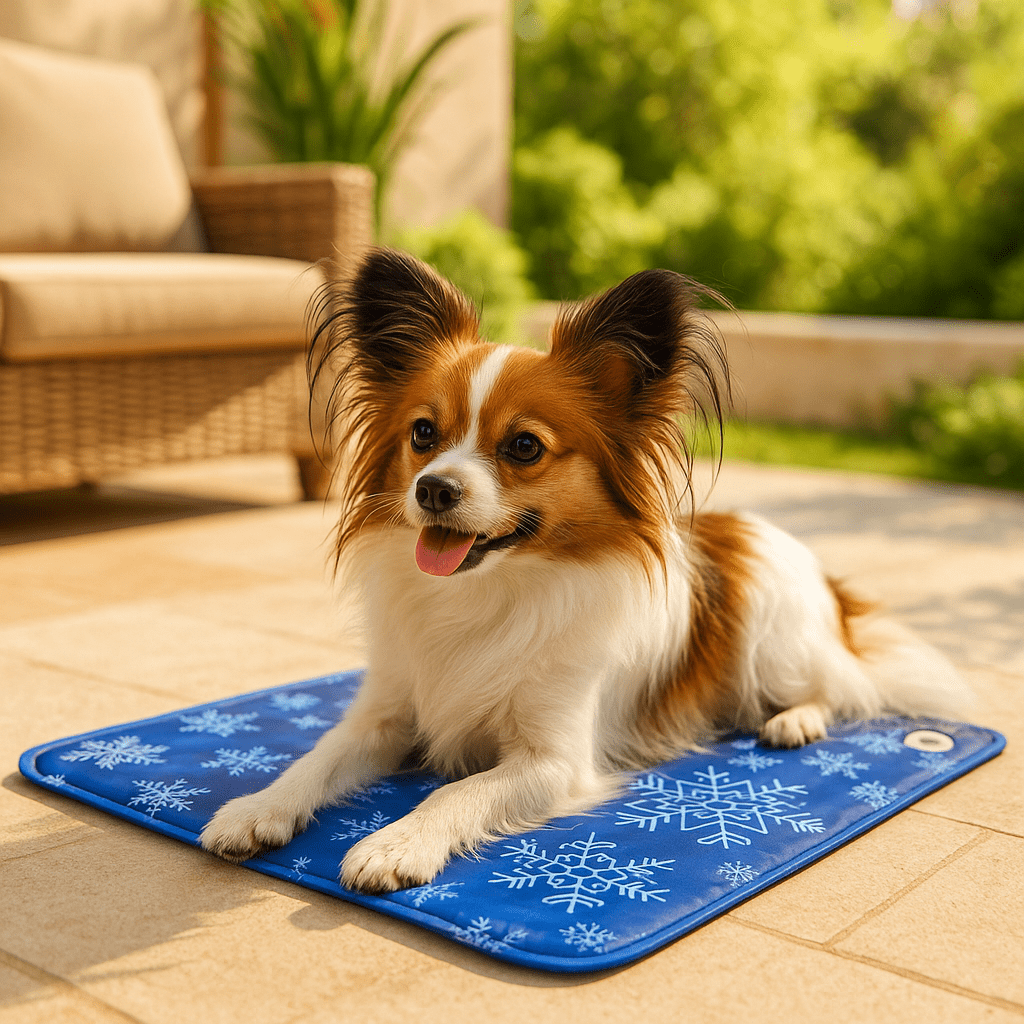 Tapis-rafraichissant-chien-chiot-gel-impermĂ©able-lavable-polyvalent-pour-sol-lit-panier-cage-caisse-de-transport-voiture-voyage-rĂ©utilisable-rĂ©sistant-au-griffes-compatible avec rĂ©frigĂ©rateur ou frigo-sans produits toxique-confort thermique pour le bien-ĂȘtre et la santĂ© des chiens-un chien Ă  poils long couchĂ© et dĂ©tendu malgrĂ© les tempĂ©ratures chaudes sur son tapis rafraichissant au design mignon polaire de couleur bleu sur la terrasse du jardin de la maison en Ă©tĂ©