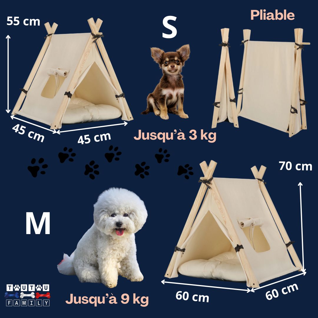 Tente-pour-chien-avec-coussin-guide-des-tailles-S-et-M-dimensions pour chiot et petit chien jusqu'à 9 kg