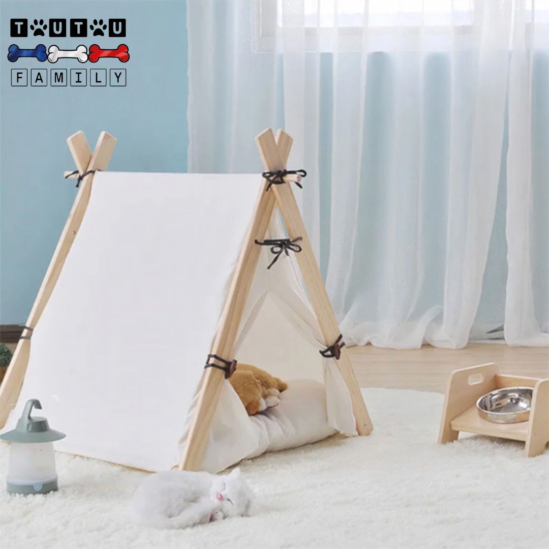 Tente-pour-chien-avec-fenêtre pour une ventilation optimal- une niche moderne en bois et design pour chien de petite taille-avec coussin intérieur épais et rembourré 100% coton lavable en machine