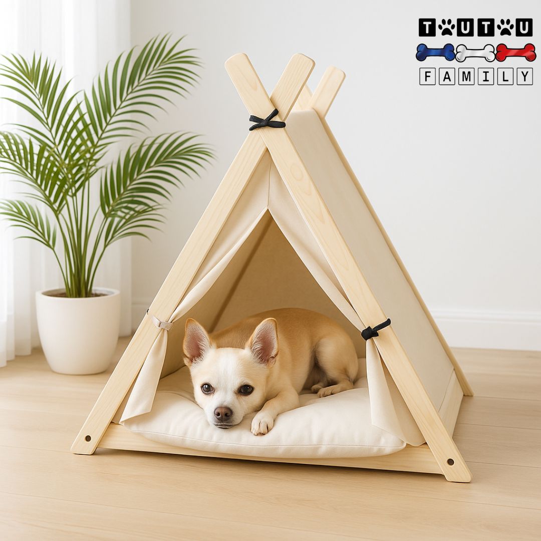 Tente-pour-chien-bois-et coton avec coussin rembourré et confortable lavable en machine-pliable-et-légère pour un transport facile-un petit chien couché confortablement dans sa tente blanche sur le coussin doux avec rideau ouvert avec attaches en cuir