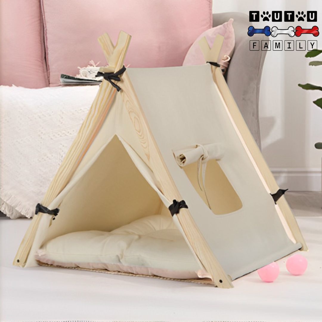 Tente-pour-chien-design-écologique-naturel-en bois et coton-recyclable-écoresponsable avec fenêtre pour une ventilation et une hygiène optimal pour petit chien et chiot