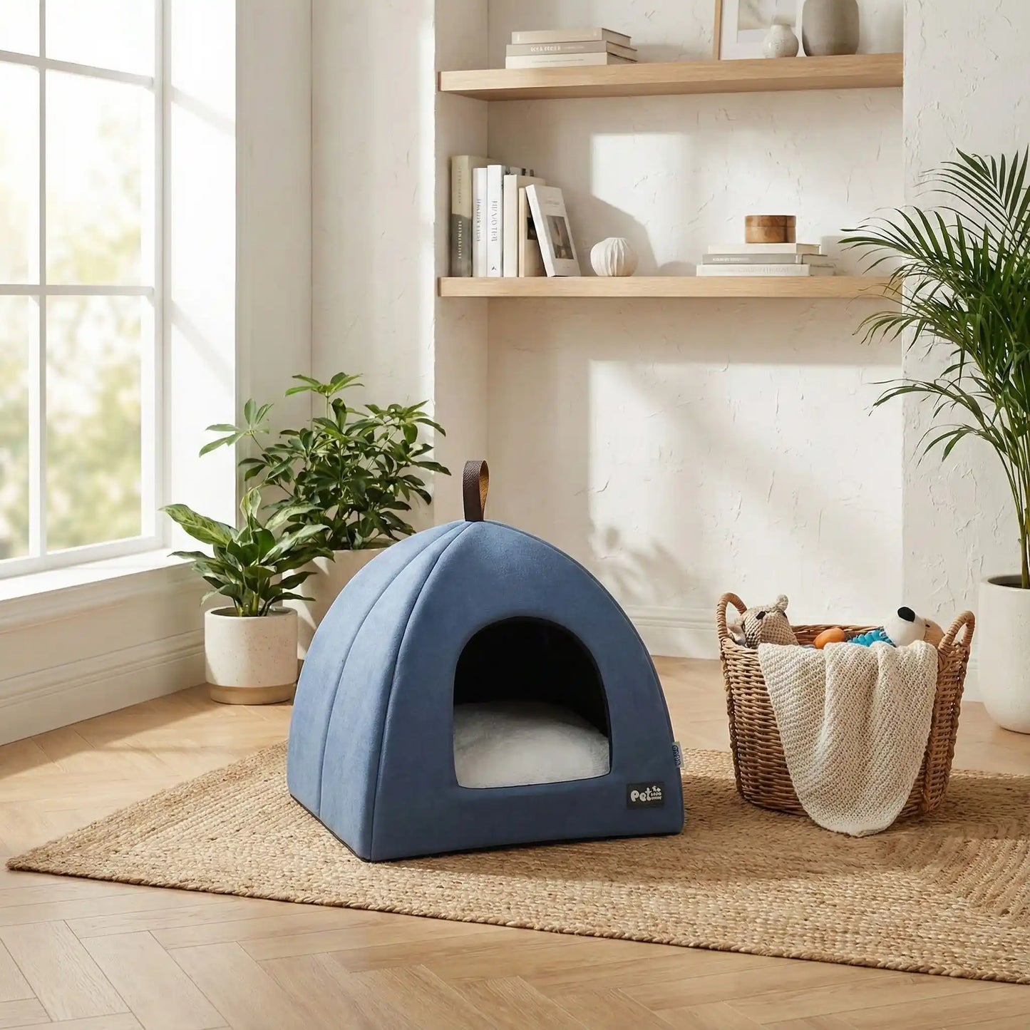 Tente-pour-chien-pliable avec poignée de transport, résistante compacte et légÚre, niche pour petits chien de race miniature ou toy de 0 à 3 kilos avec un coussin amovible et lavable en machine à laver, antidérapant et imperméable de couleur bleu