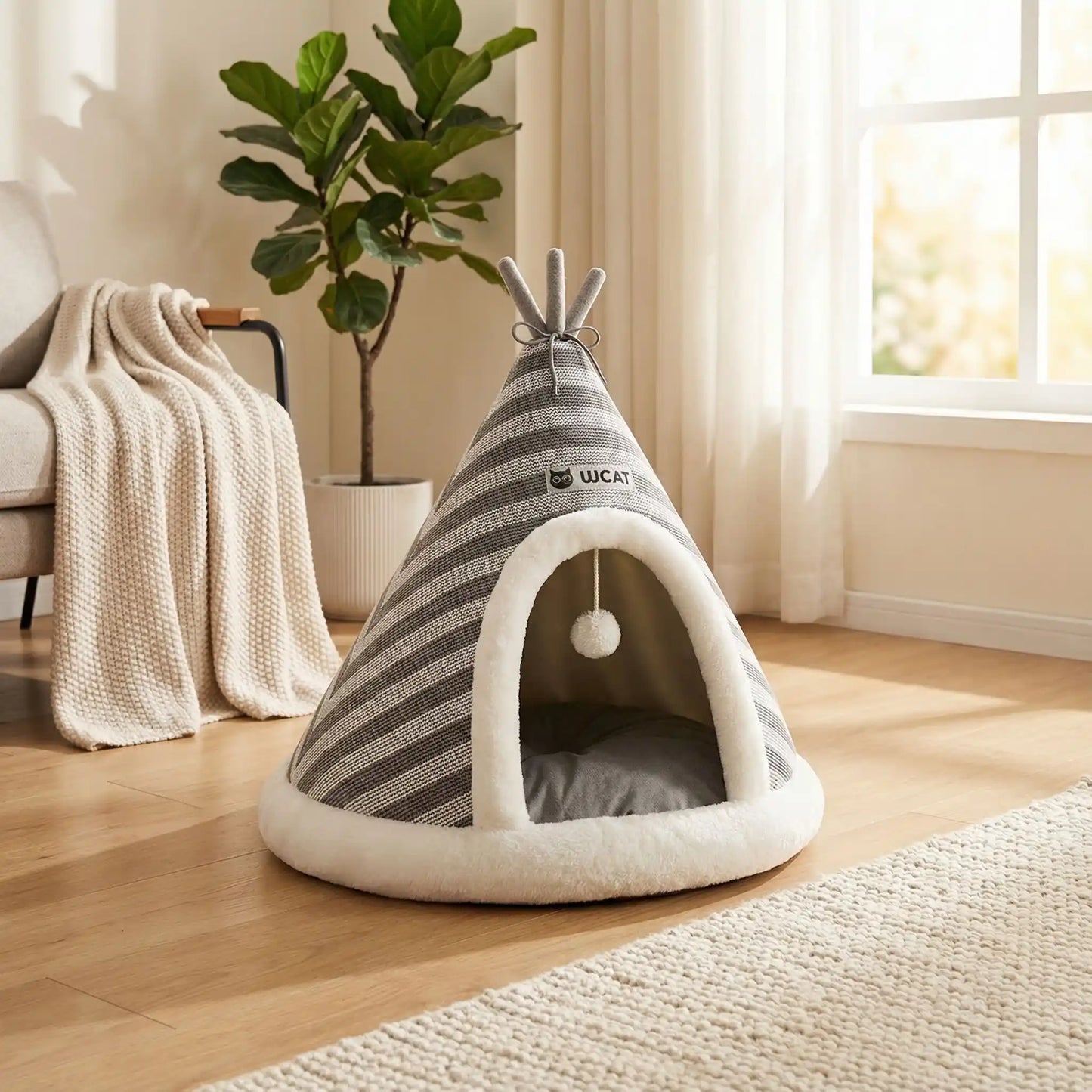 Tipi-pour-chien-cocon-anti-anxiété-coton-coussin amovible au rembourrage 100% Coton PP antidérapant et imperméable hypoallergénique et chaud-design mignon rayure avec une balle interactive en peluche accroché à l'entrée- pour chiot et chien de petite taille de 0 à 9 kilos-avec coussin ergonomique 100% coton amovible et lavable en machine de couleur gris et blanc