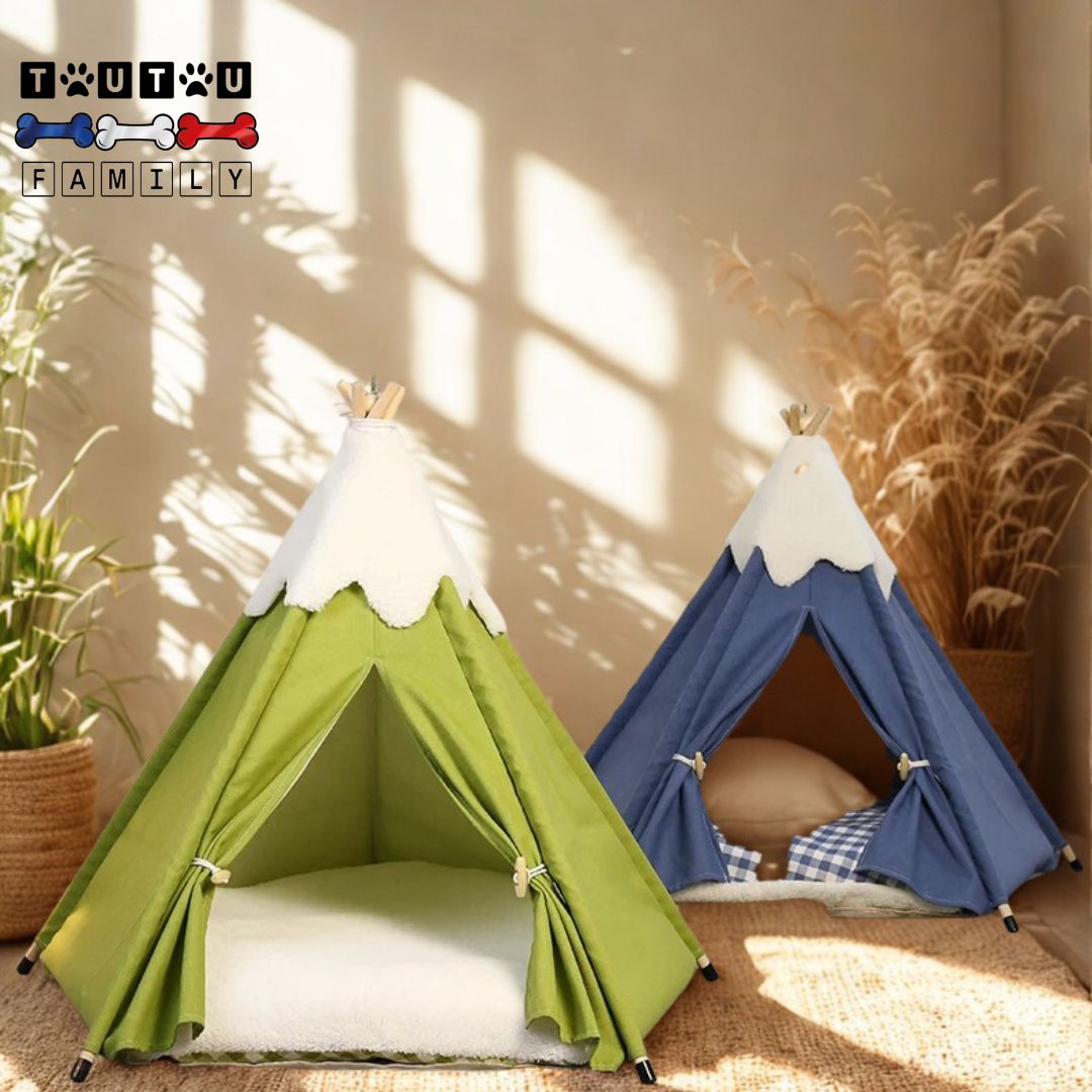 Tipi-pour-chien-lin-coton-bois-matériau-naturel-avec coussin 100% coton haute densité de couleur vert et bleu lavable en machine pour petit chien et race naine et chiot
