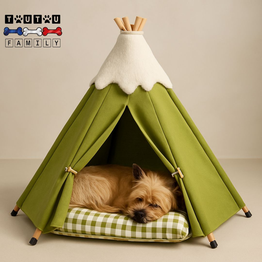 Tipi-pour-chien-tente-petit-chien-chiot-un petit chien qui dort sereinement en boule dans son tipi lavable et déhoussable avec pied antidérapant et structure solide et stable