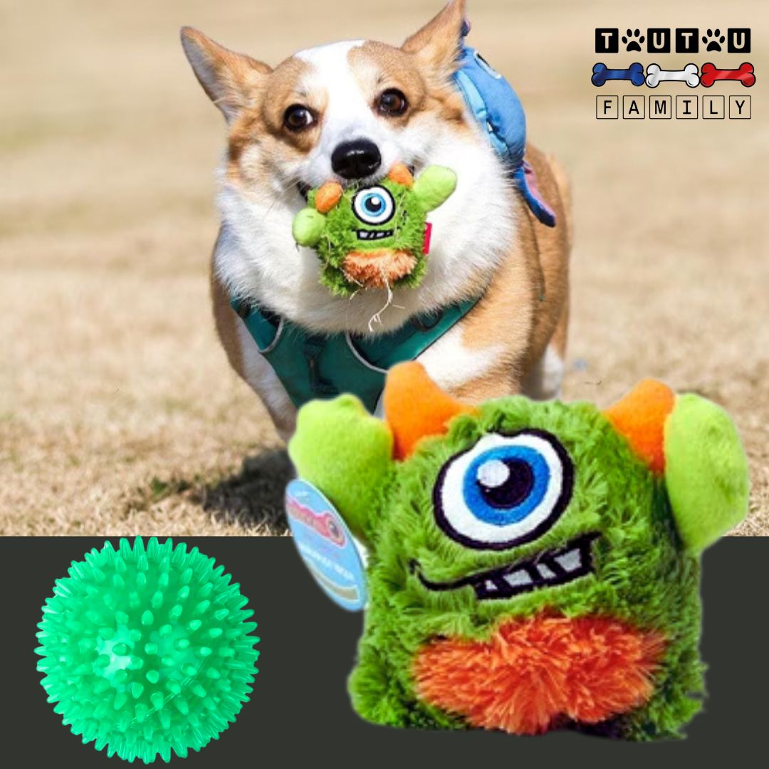 balle-pour-chien-peluche-verte-orange-interactive