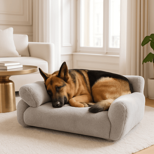 canape-chien-XXL-dehoussable-un Berger allemand qui dort paisiblement couché sur son canapé-pour-chien-spacieux-confortable-déhoussable-lavable-en-machine-housse-en-velours-doux-et-très-résistant-aux-griffes-morsures dans le salon de l'appartement