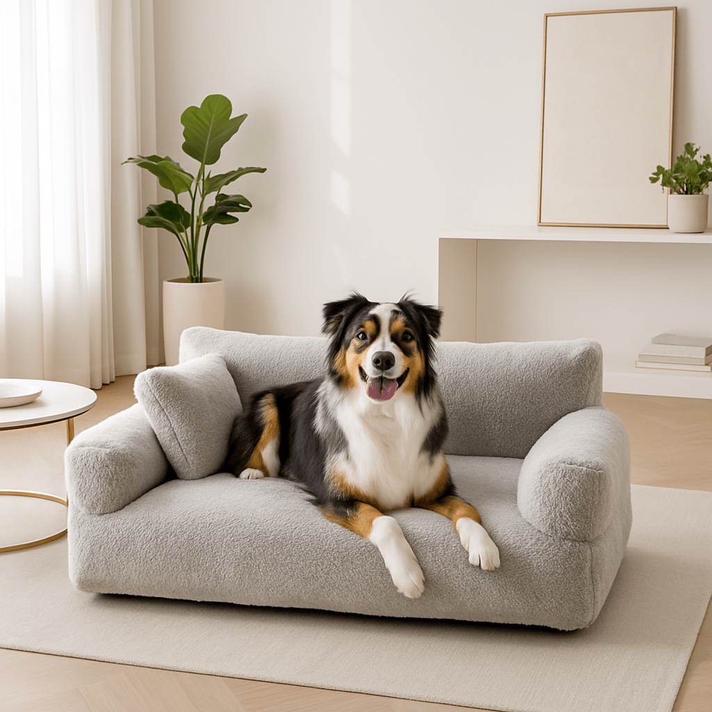 canape-chien-XXL-dehoussable-un Berger Australien couché confortablement sur son canapé-pour-chien-géant-spacieux-confortable-déhoussable-lavable-en-machine-housse-en-velours-doux-et-très-résistant-aux-griffes-morsures dans le salon de l'appartement