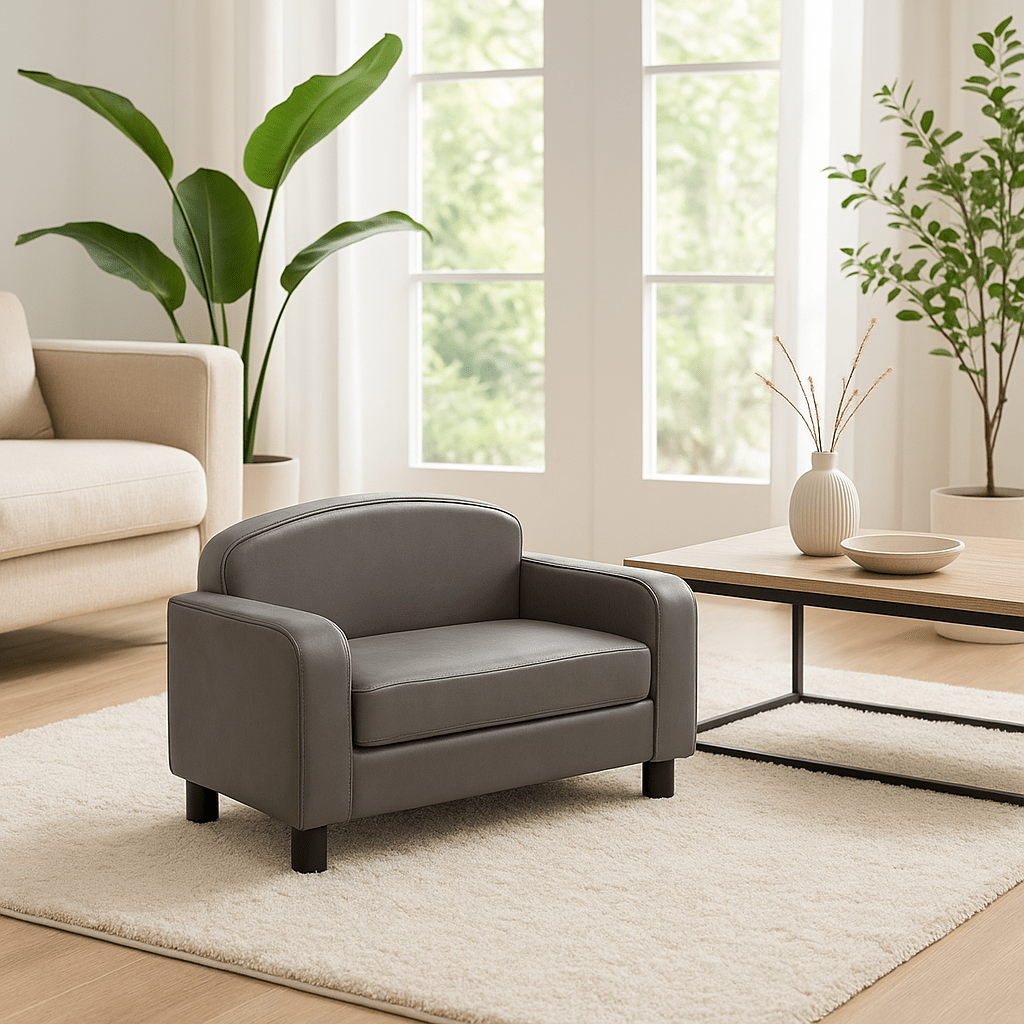 Canapé-pour-chien-imperméable-bois-coussin-en mousse housse résistante simili cuir lavable et déhoussable pour chien de petite taille à moyenne au design moderne et épuré de couleur gris