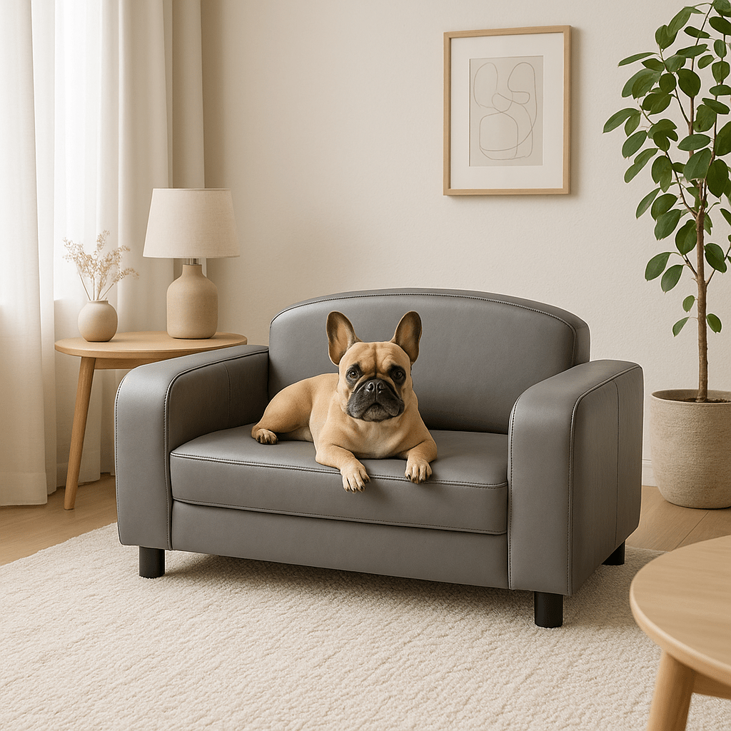 Canapé-pour-chien-imperméable-bois-naturel-simili-cuir-déhoussable-matelas en mousse-un bouledogue couché confortablement installé sur son canapé gris dans le salon de l'appartement