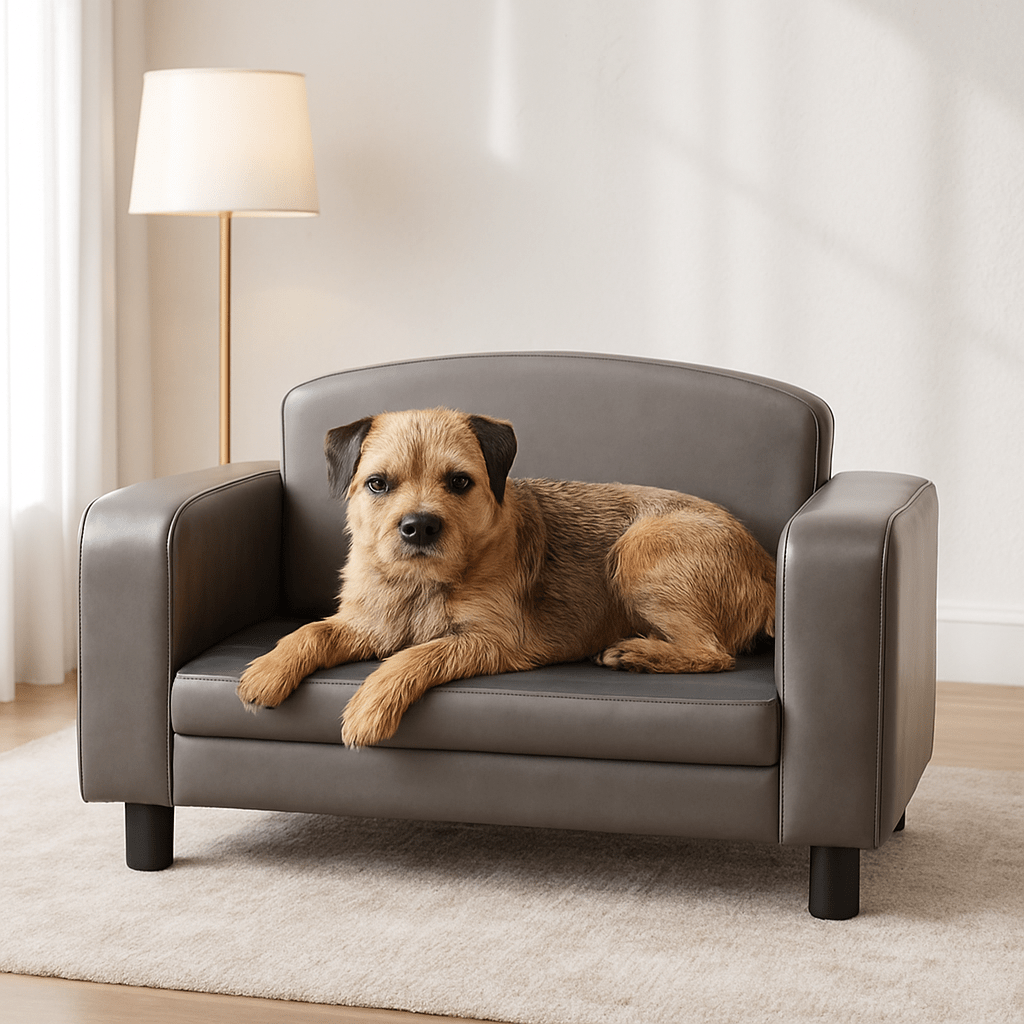 Canapé-pour-chien-imperméable-structure en bois-housse simili cuir-un chien de petite taille couché confortablement sur son canapé gris dans le salon de la maison