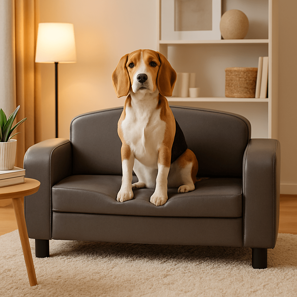 Canapé-pour-chien-imperméable-matelas-en mousse ergonomique-un chien de taille moyenne assis confortablement sur le canapé gris design avec pied en bois-coussin en mousse dans le salon de l'appartement