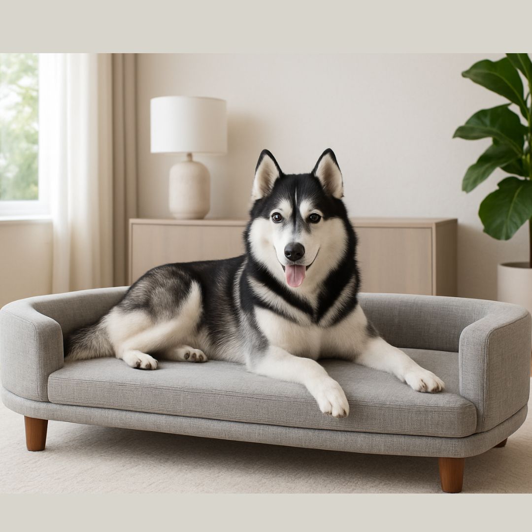 canape-pour-chien-sur-pied-bois-design-avec matelas épais déhoussable et lavable en machine-un husky sibérien allongé confortablement sur le canapé de couleur gris dans le salon de la maison de l'appartement