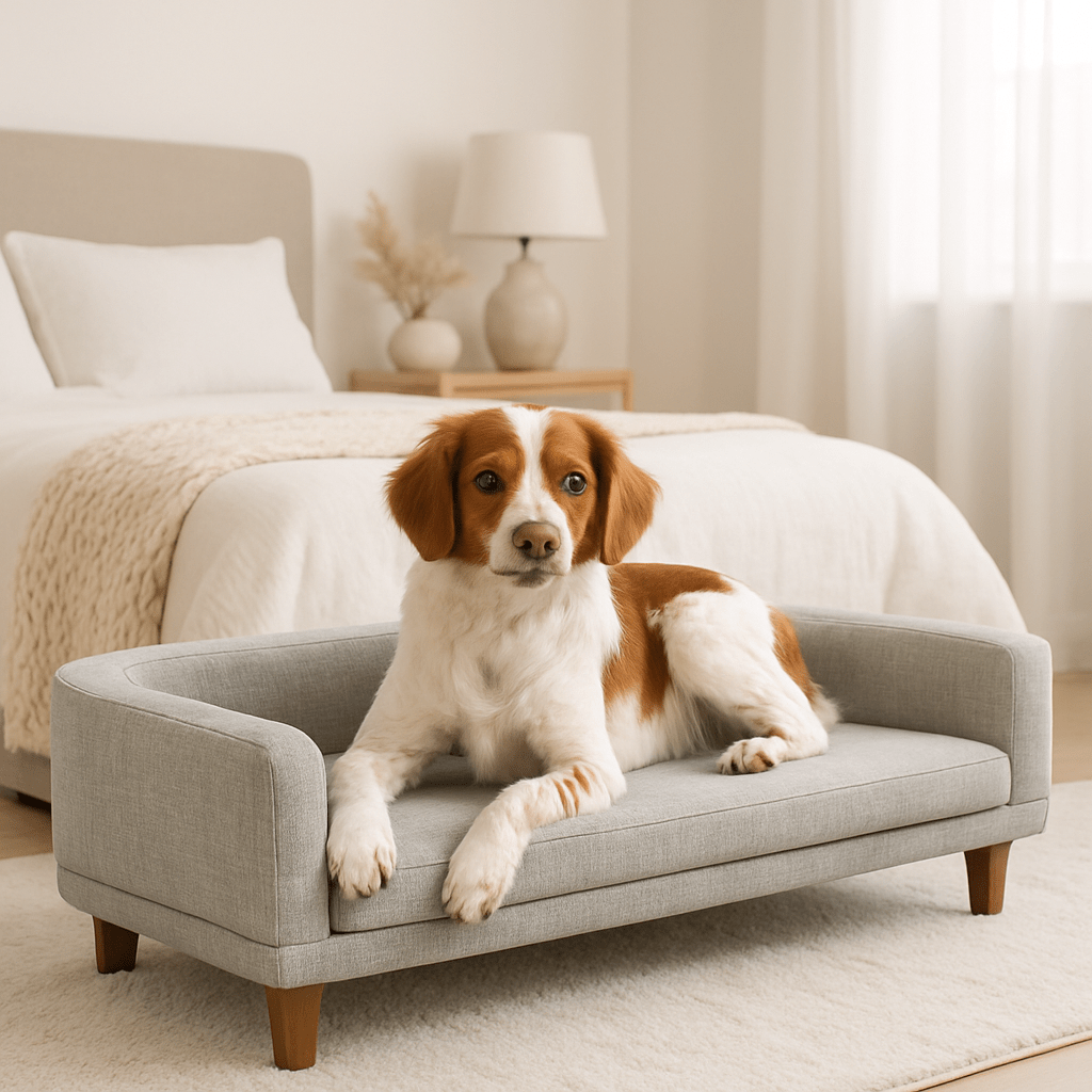 Canapé-pour-chien-sur-pied-déhoussable-lavable-résistant aux griffes-structure en bois solide et matelas déhoussable en coton qui soulage les articulations pour chien et chiot de petite à moyenne taille-un chien moyen couché sur le canapé dans la chambre de la maison