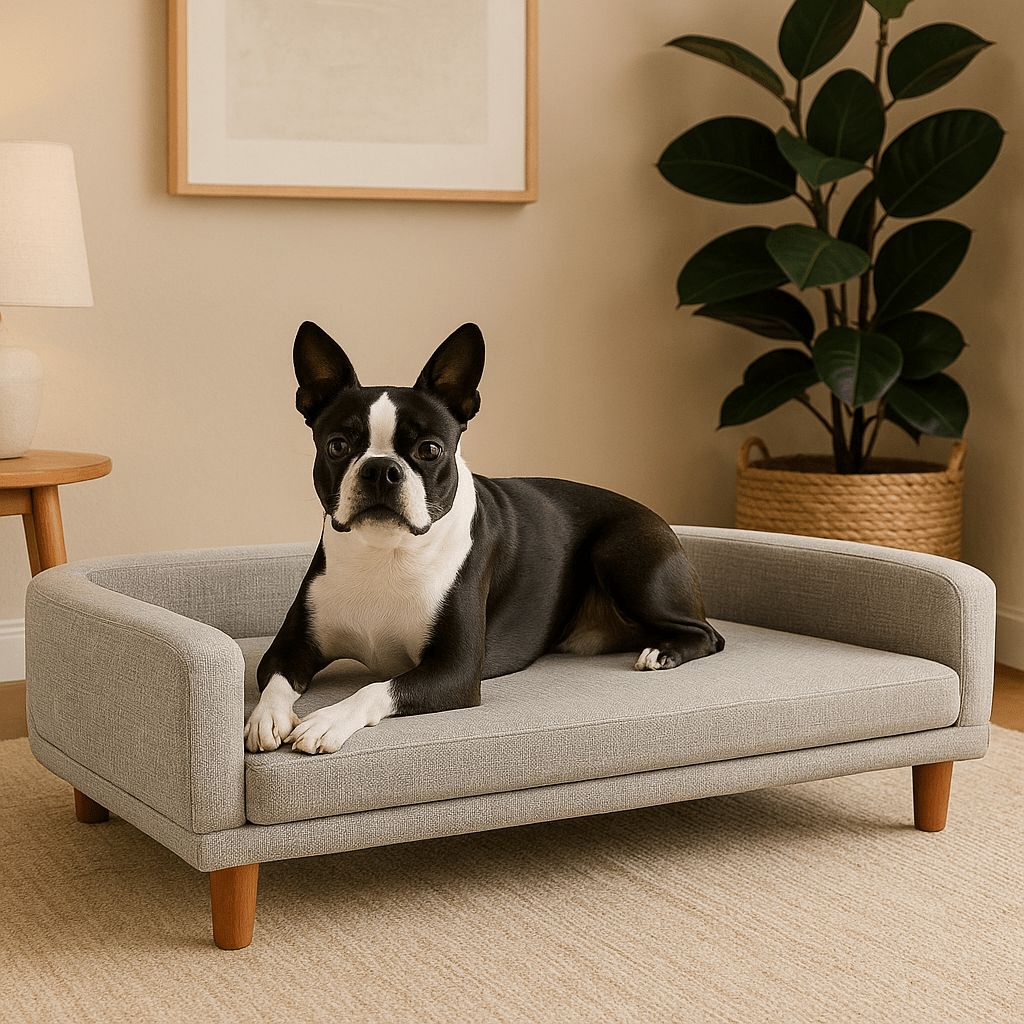 Canapé-pour-chien-sur-pied-design-bois-un petit chien couché confortablement sur son canapé design scandinave avec matelas en mousse 100% coton déhoussable et lavable en machine gris avec pied en bois dans le salon de l'appartement