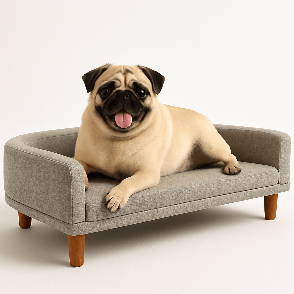 Canapé-pour-chien-sur-pied-lavable-un petit chien sur son canapé design scandinave, moderne et épuré avec matelas amovible déhoussable et lavable et pied en bois écoresponsable couleur gris