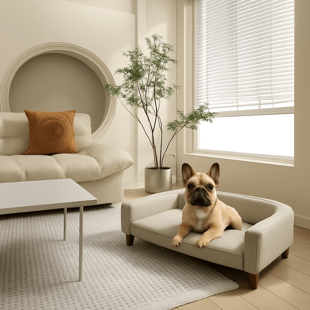 Canapé-pour-chien-sur-pied-matelas-coton-un bouledogue français couché sur le canapé pour chiens de petite à moyenne taille avec matelas en mousse coton épaisse déhoussable et lavable en machine avec dossier et accoudoirs entourant et anti-anxiété de couleur gris dans le salon moderne de l'appartement