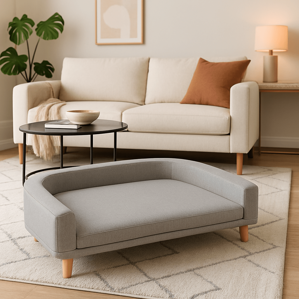 Canapé-pour-chien-sur-pied-scandinave-design-bois-matelas mousse coton déhoussable lavable en machine-pied en bois antidérapant-structure solide-tissu résistant aux griffes et morsures de couleur gris avec accoudoirs et dossier arrondis et épuré dans le salon de la maison