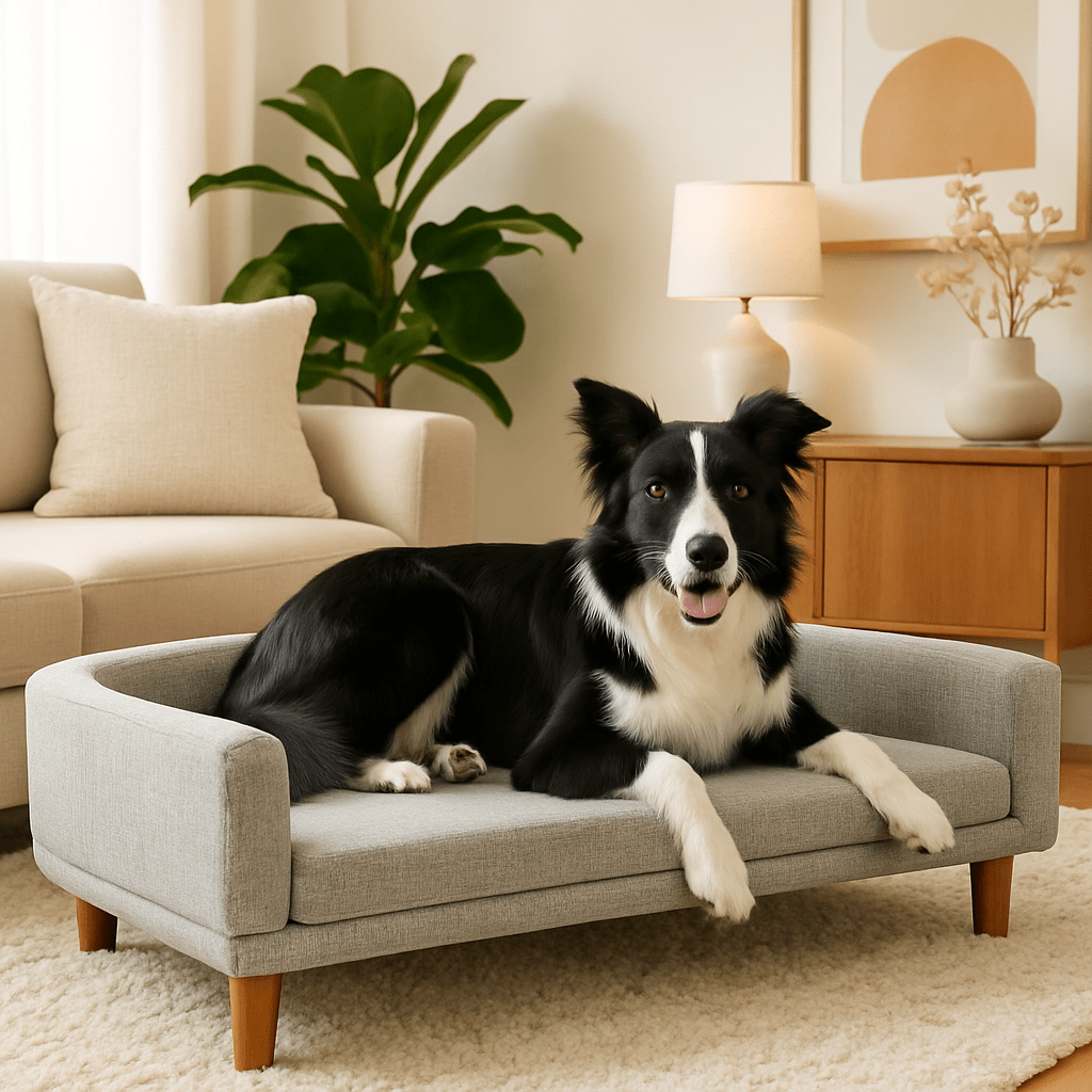 Canapé-pour-chien-sur-pied-surélevé-pied en bois-dossier et accoudoir arrondis et entourant-un chien de taille moyenne couché sur le matelas épais déhoussable et lavable du canapé au design scandinave de couleur gris dans le salon de l'appartement