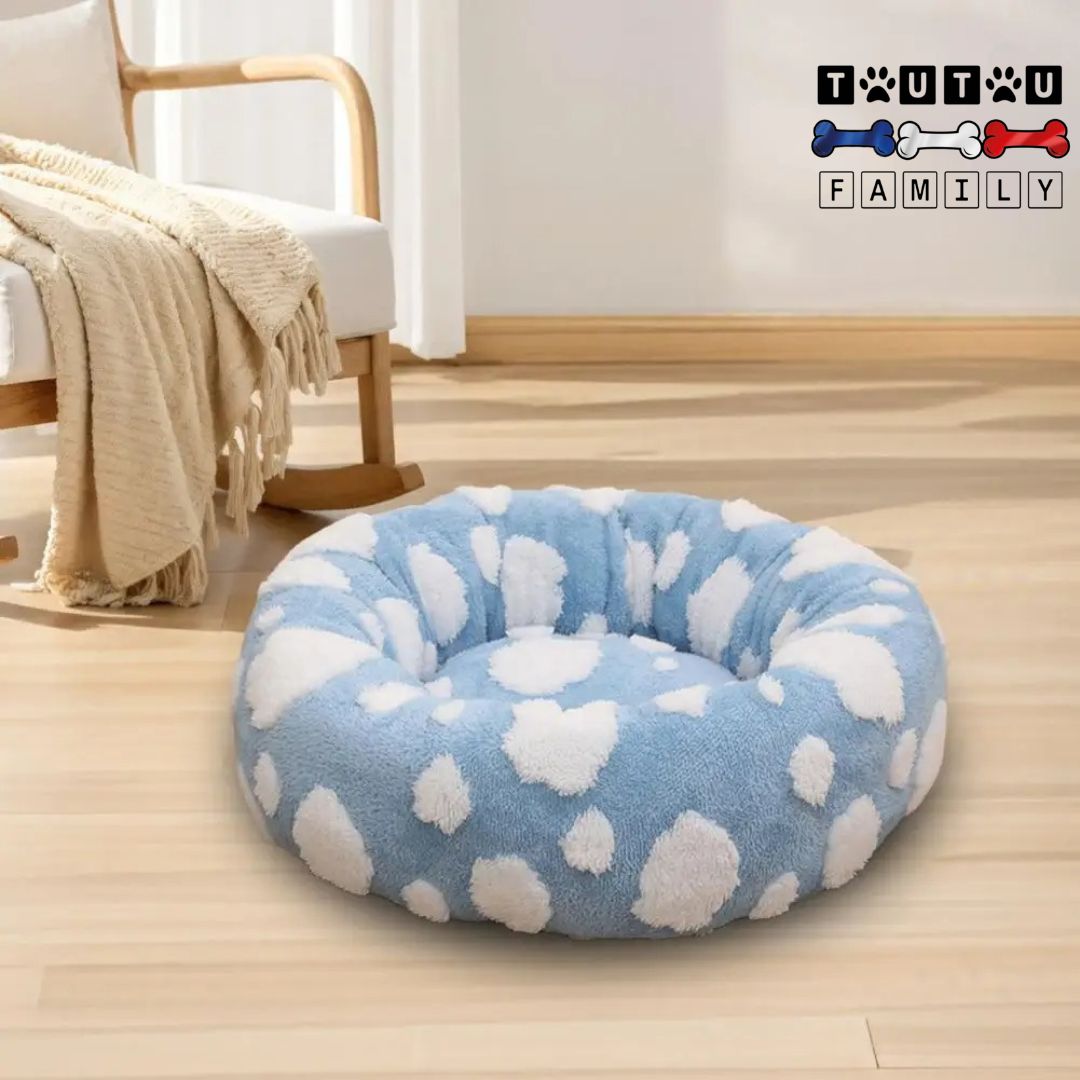 coussin-chien-blanc-et-bleu-épais-moelleux-design-nuage-blanc-sur-fond-bleu