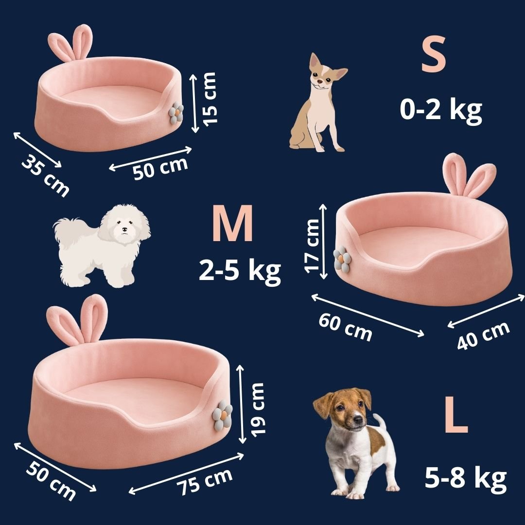 Coussin-pour-chien-chiot-guide-des-tailles-3 tailles-S-M et L pour chien nain et de petite taille-dimensions détaillées et poids correspondant du chien