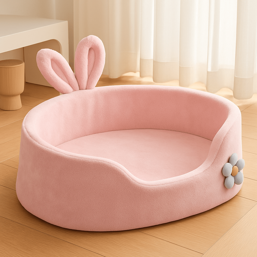 coussin-pour-chien-de-petit-taille-et-chiot-design oreille de lapin avec bord 360° haut et entourant et son coussin amovible avec matelas en éponge 100% coton haute densité ergonomique déhoussable et lavable en machine antidérapant de couleur rose