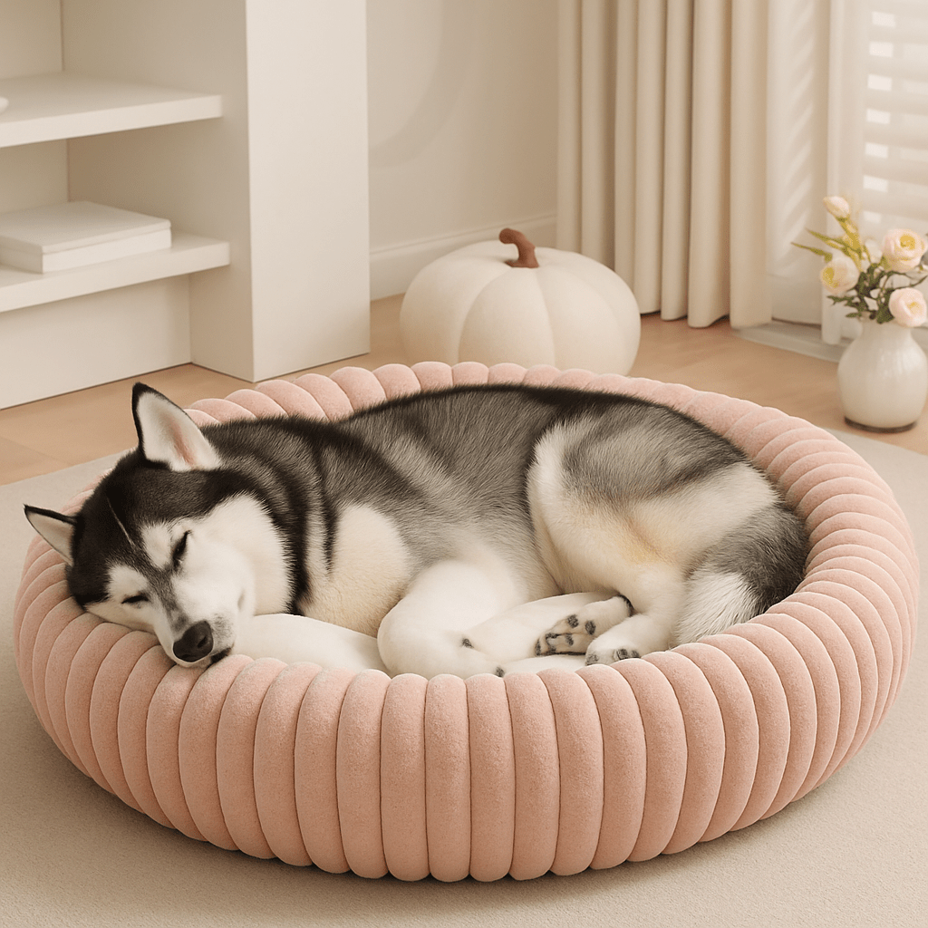 Coussin-pour-chien-xl-ergonomique-un husky couché en boule dans son panier anti stress, sa tête reposant délicatement sur le rebord surélevé épais et douillet eu rembourrage 100% coton PP et toucher velours de couleur rose dans le salon de l'appartement