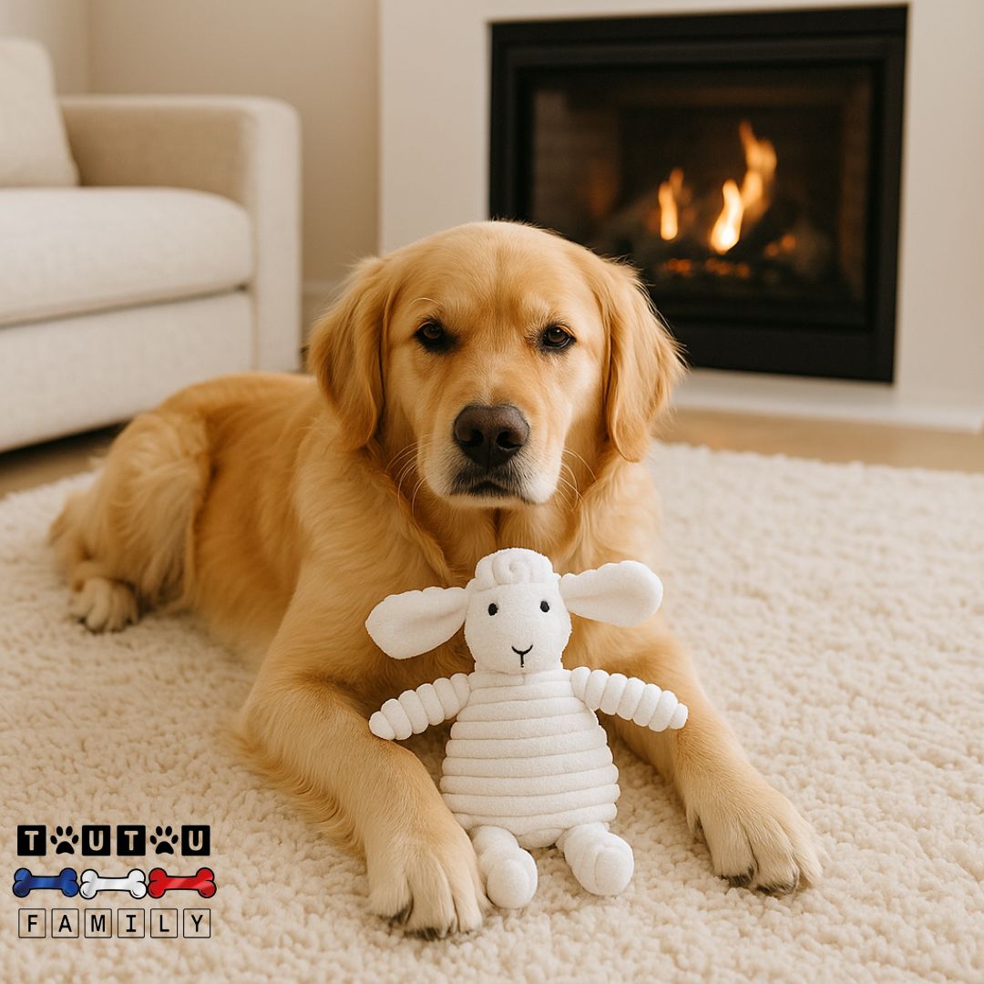 doudou-pour-chien-anti-anxiété-jouet-à mùcher pour chien, chiot un labrador beige qui tient sa peluche mouton entre ses pattes couché sur la moquette du salon