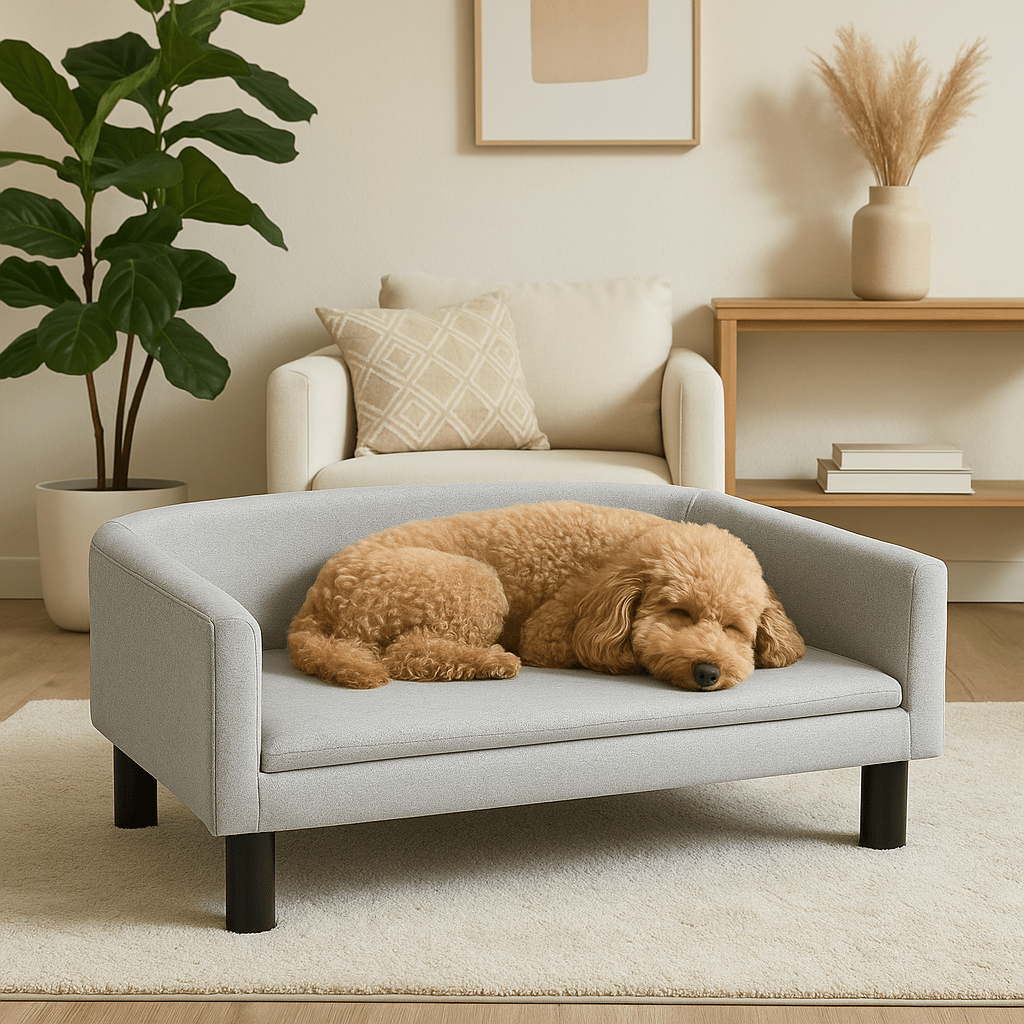 Fauteuil-pour-chien-avec-matelas-épais et amovible ergonomique en bois et tissu résistant avec 4 pieds en bois massif noir-un chien de taille moyenne qui dort paisiblement sur son canapé gris, design moderne et épuré dans le salon de l'appartement