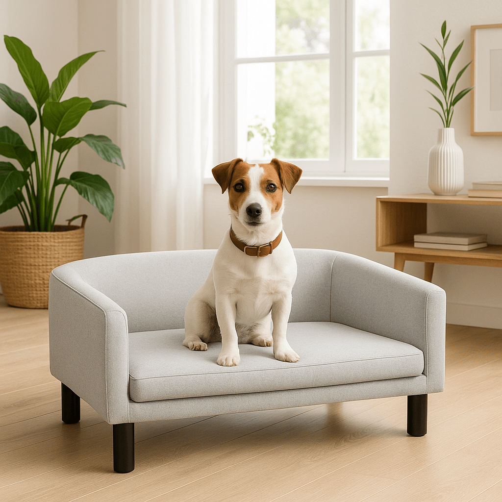 Fauteuil-pour-chien-avec-pied-bois-un jack russell assis sur son canapé design avec dossier et accoudoir haut et entourant et son coussin intérieur épais en mousse haute densité ergonomique pour chien de petite à moyenne taille