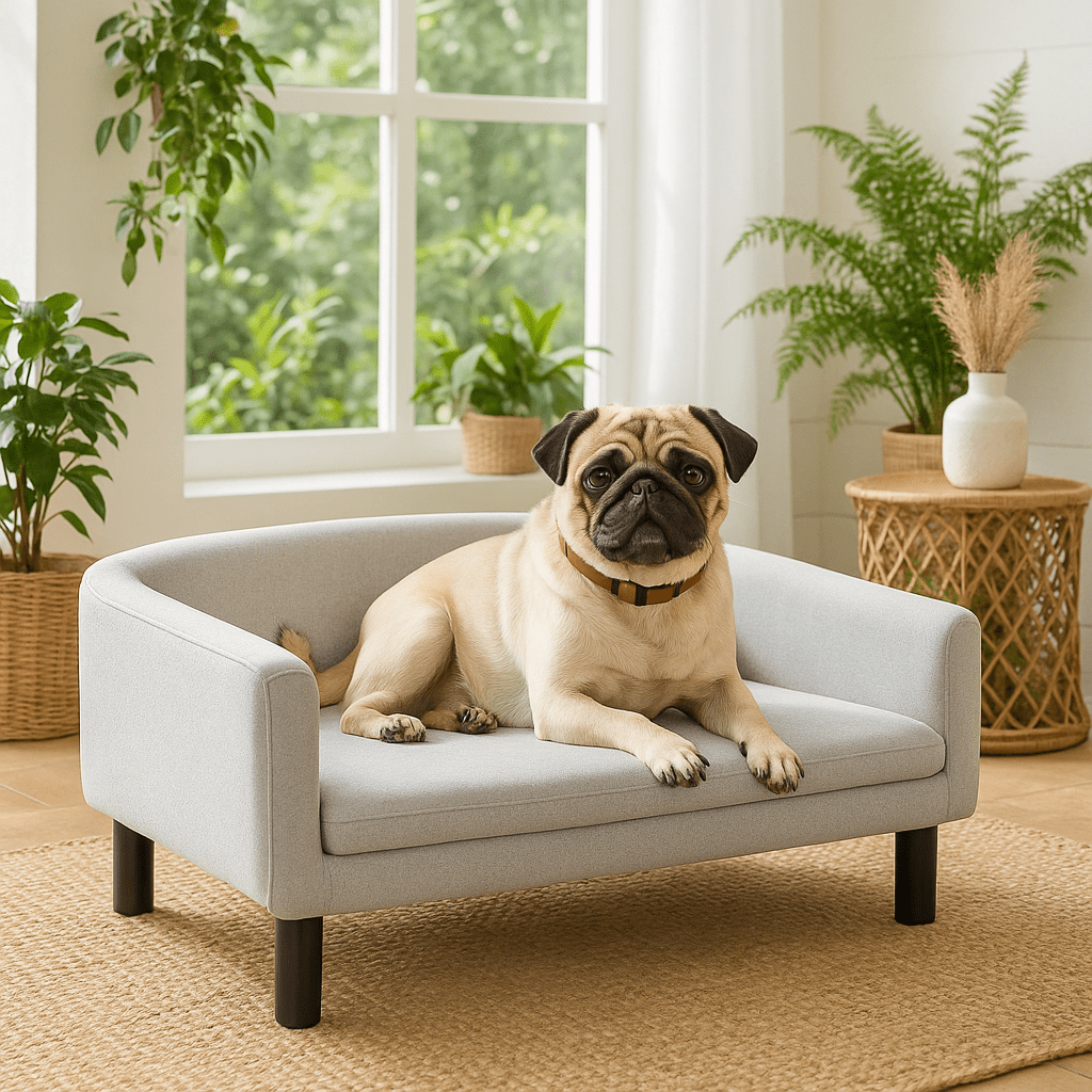 Fauteuil-pour-chien-chiot-design-un bouledogue français couché confortablement sur son canapé design gris avec pied et structure robuste en bois dans la véranda de la maison