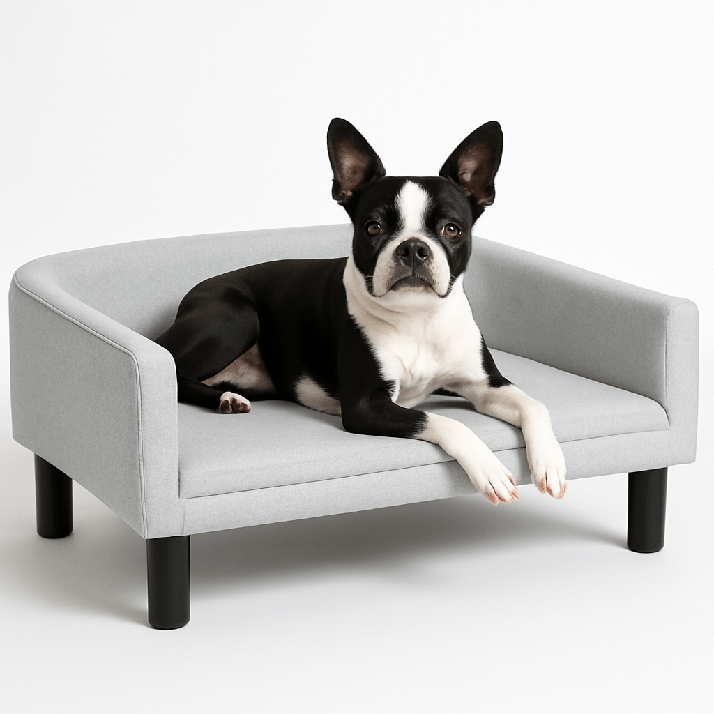 fauteuil-pour-chien-coussin-intérieur amovible en éponge épaisse 40D ergonomique sur pied-en bois et tissu résistant au toucher velours-respirant et lavable pour chien de petite à moyenne taille-un chien de moyenne taille couché confortablement dans son lit surélevé gris avec dossier et accoudoir haut et arrondis