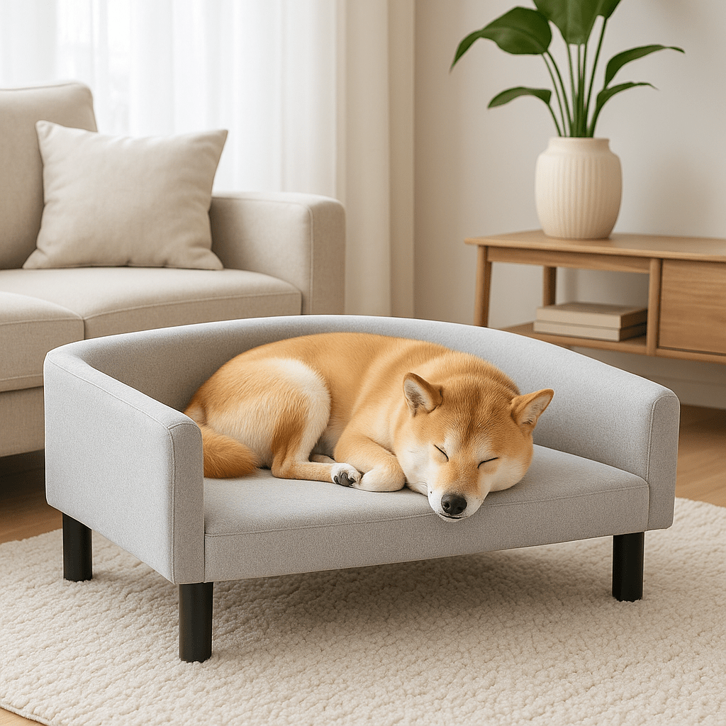 fauteuil-pour-chien-design-gris-un chien de taille moyenne qui dort paisiblement en boule sur son canapé entourant avec dossier et accoudoir arrondi avec pied en bois massif et tissu velours doux et résistant lavable dans le salon de l'appartement