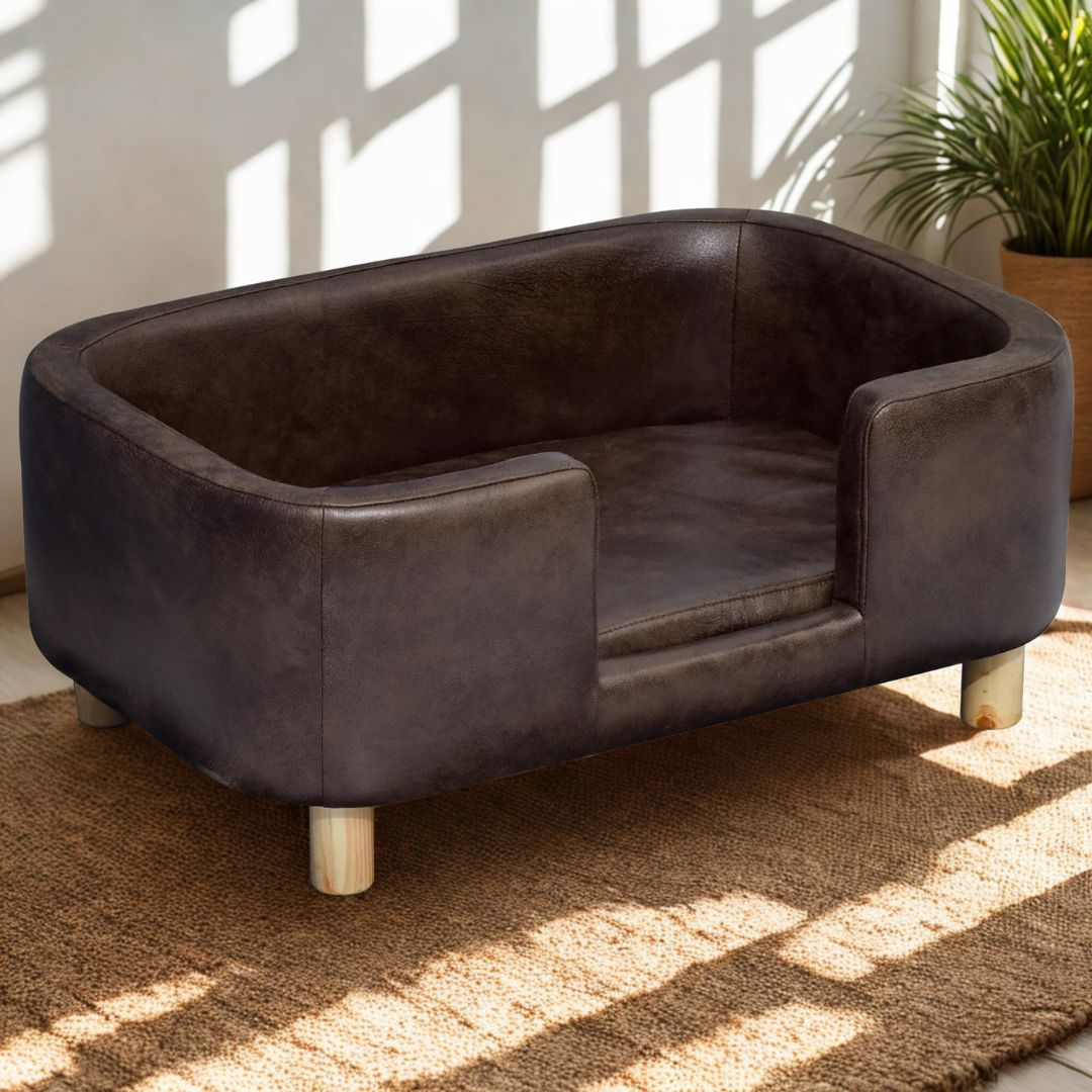 Fauteuil-pour-petit-chien-chiot-imperméable avec coussin épais et rembourrée amovible-lavable-design moderne ligne arrondie en simili cuir marron avec bis en bouleau massif pour chien de petite taille