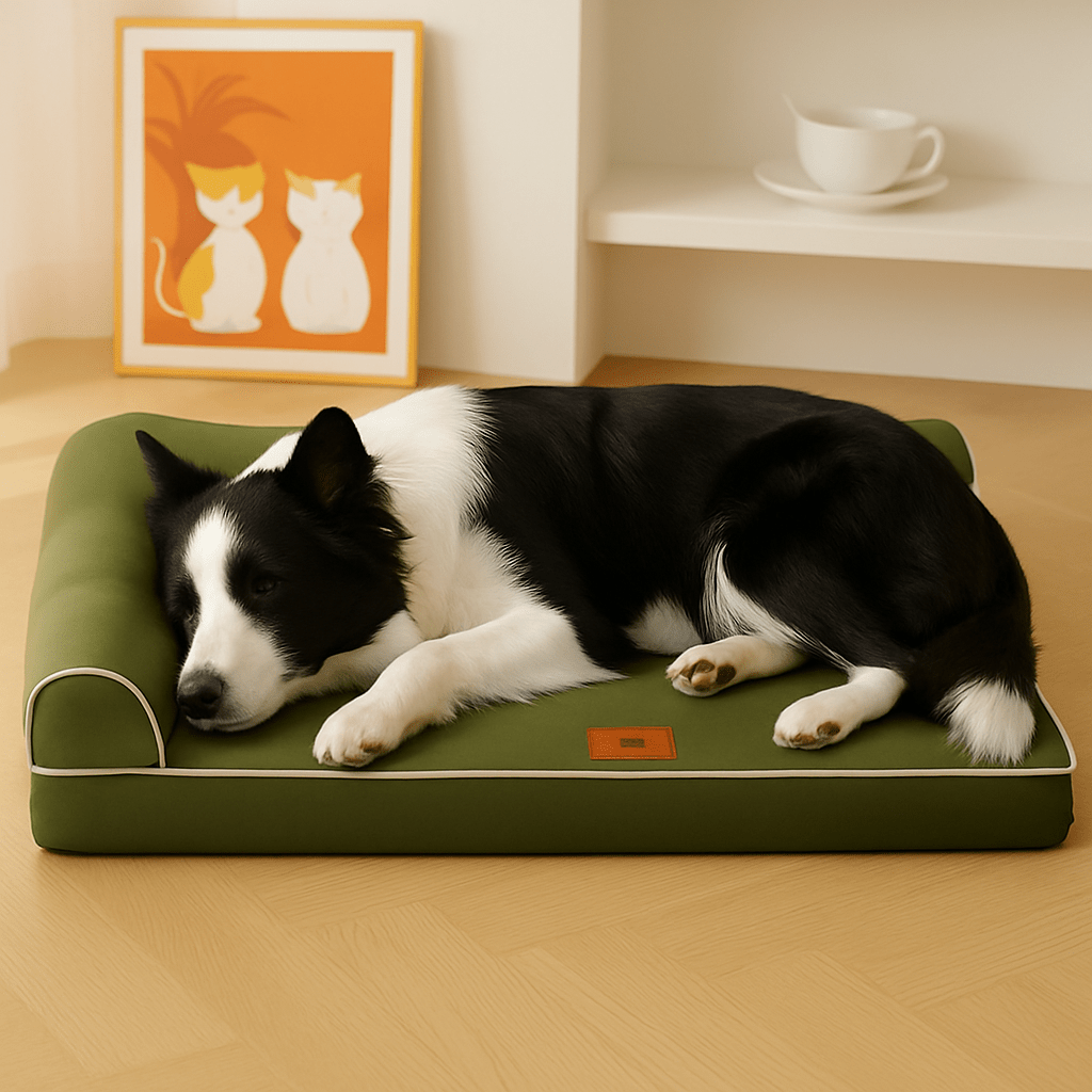 lit-canape-chien-orthopedique-matelas-un chien moyenne taille couché qui dort paisiblement sur le lit avec matelas à mémoire de forme épais avec traversin en L 100% coton PP haute densité, déhoussable et lavable en machine