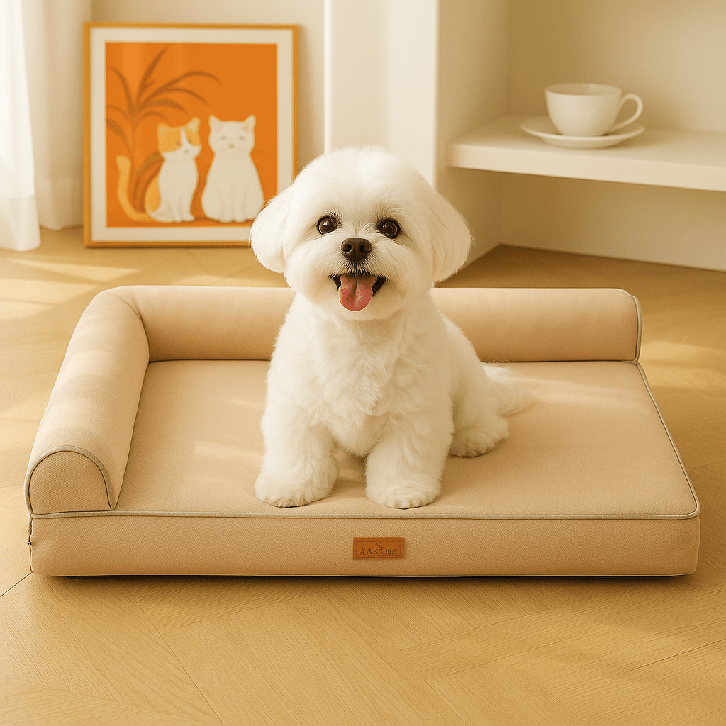 lit-canapé-chien-traversin-orthopédique-antidérapant-un bichon maltais heureux sur son lit beige avec son matelas ergonomique avec son traversin en L 100% coton haute densité déhoussable et lavable en machine