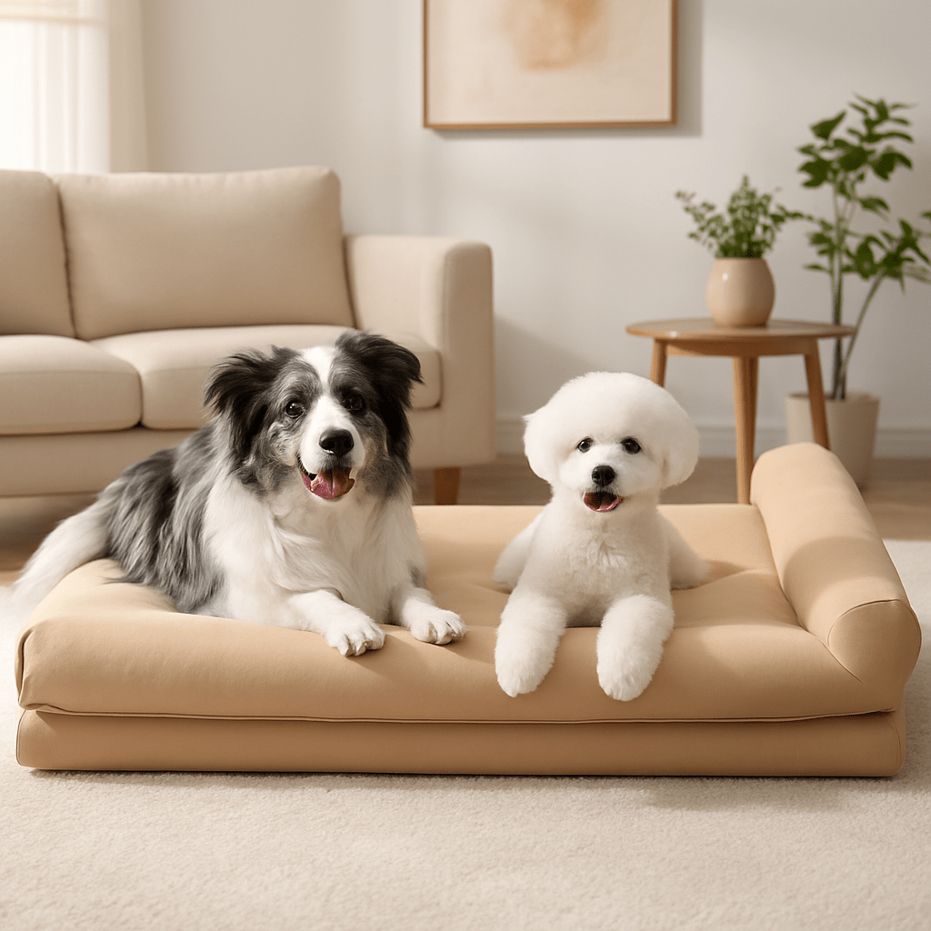 lit-canapé-chien-traversin-orthopédique-lavable-deux chiens, un de taille moyenne et un de petite taille installé et couché confortablement sur le grand lit xxl déhoussable résistant aux griffes et morsures,lavable en machine dans le salon cosy de la maison