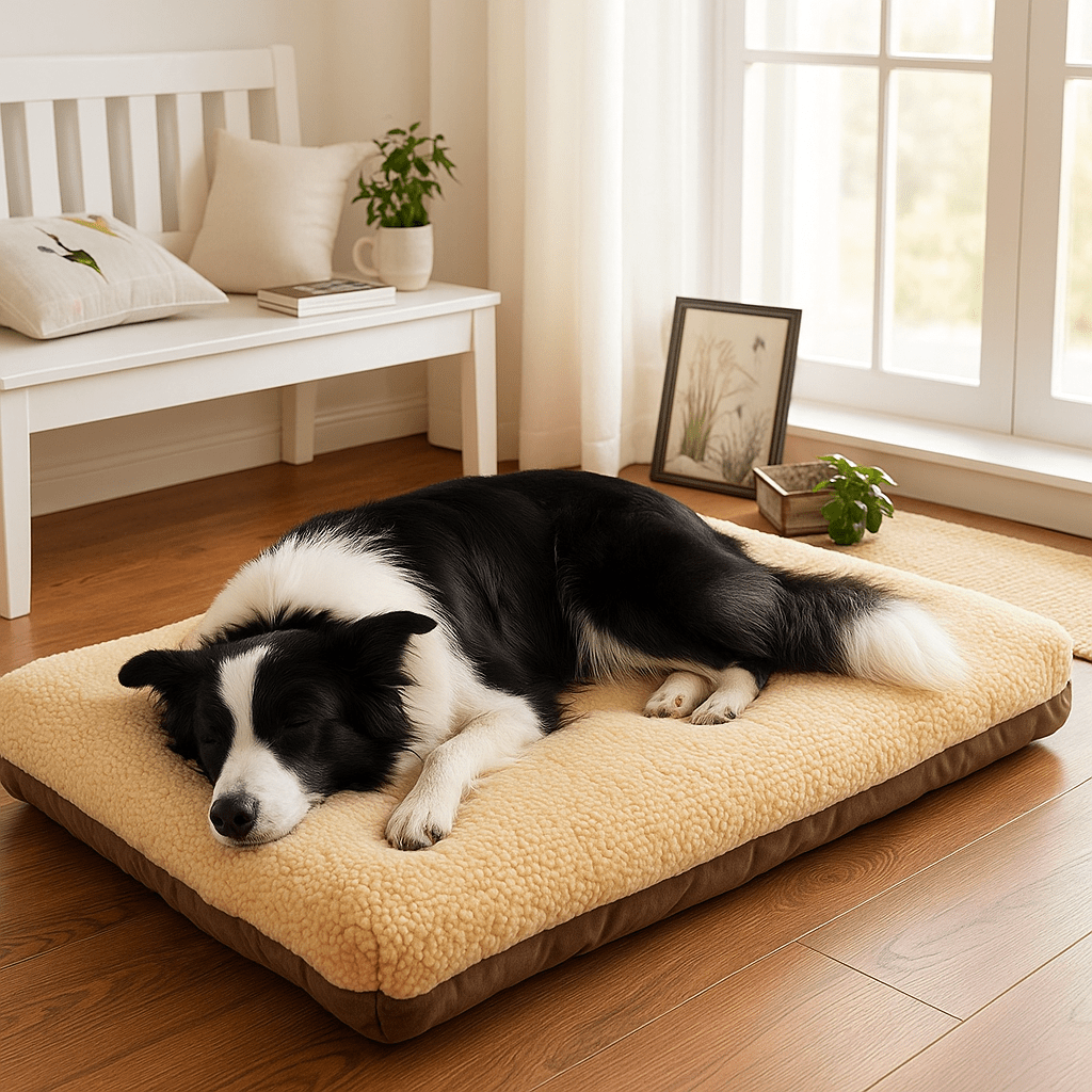 lit-chien-coussin-chien-moyen-déhoussable et lavable en machine -100% imperméable-rembourrage 100% coton PP hypoallergénique-un Border collie qui dort paisiblement couché sur le flanc sur le lit rectangulaire avec housse douce en suédine réversible pour un lit 4 saisons dans son salon