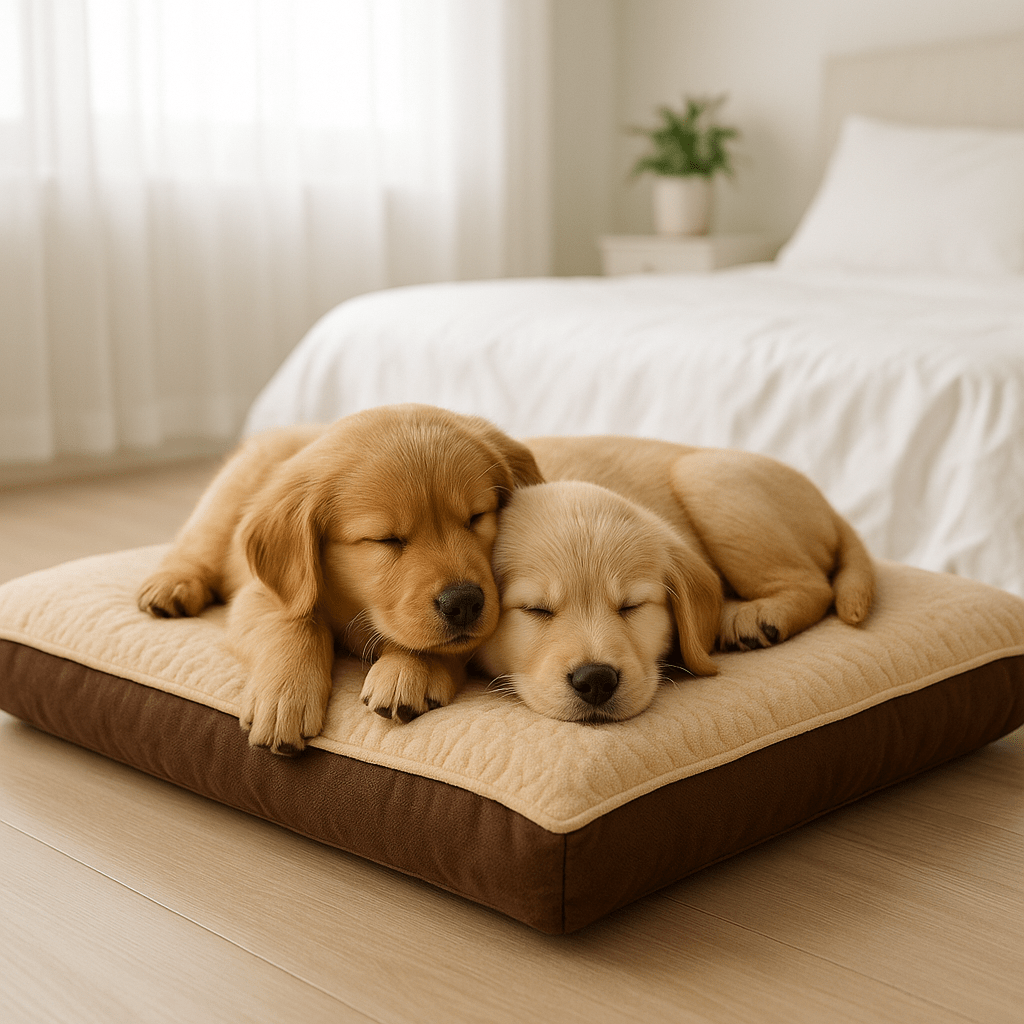 lit-chien-coussin-chiot-coussin-déhoussable et lavable en machine -100% imperméable-rembourrage 100% coton PP hypoallergénique-polyvalent pour un eutilisation eul ou dans panier, cage, transport-deux chiot qui dorment paisiblement côte à côte sur la douceur du lit en suédine douce qui ne retient pas les poils dans la chambre de la maison