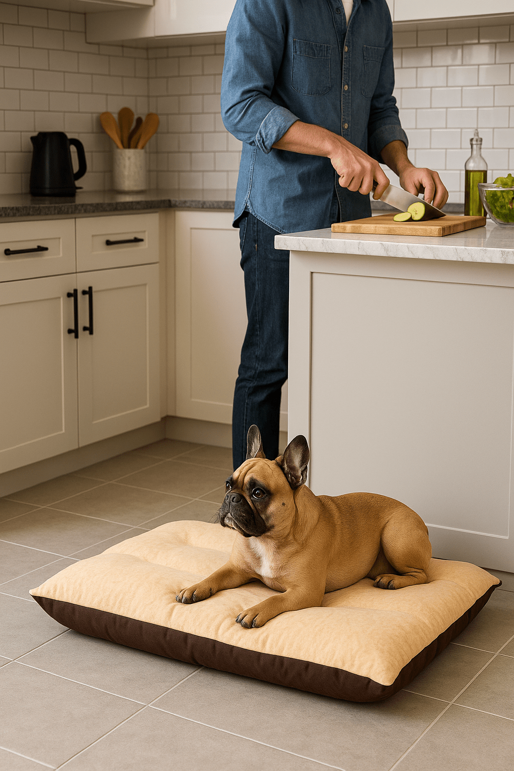 lit-chien-coussin-ergonomique-déhoussable-lavable en machine réversible-un petit chien qui est couché sur son lit ergonomique au rembourrage généreux 100% coton haute densité pour un soutien optimal et un confort exceptionnel avec son maitre qui prépare le repas dans la cuisine de l'appartement