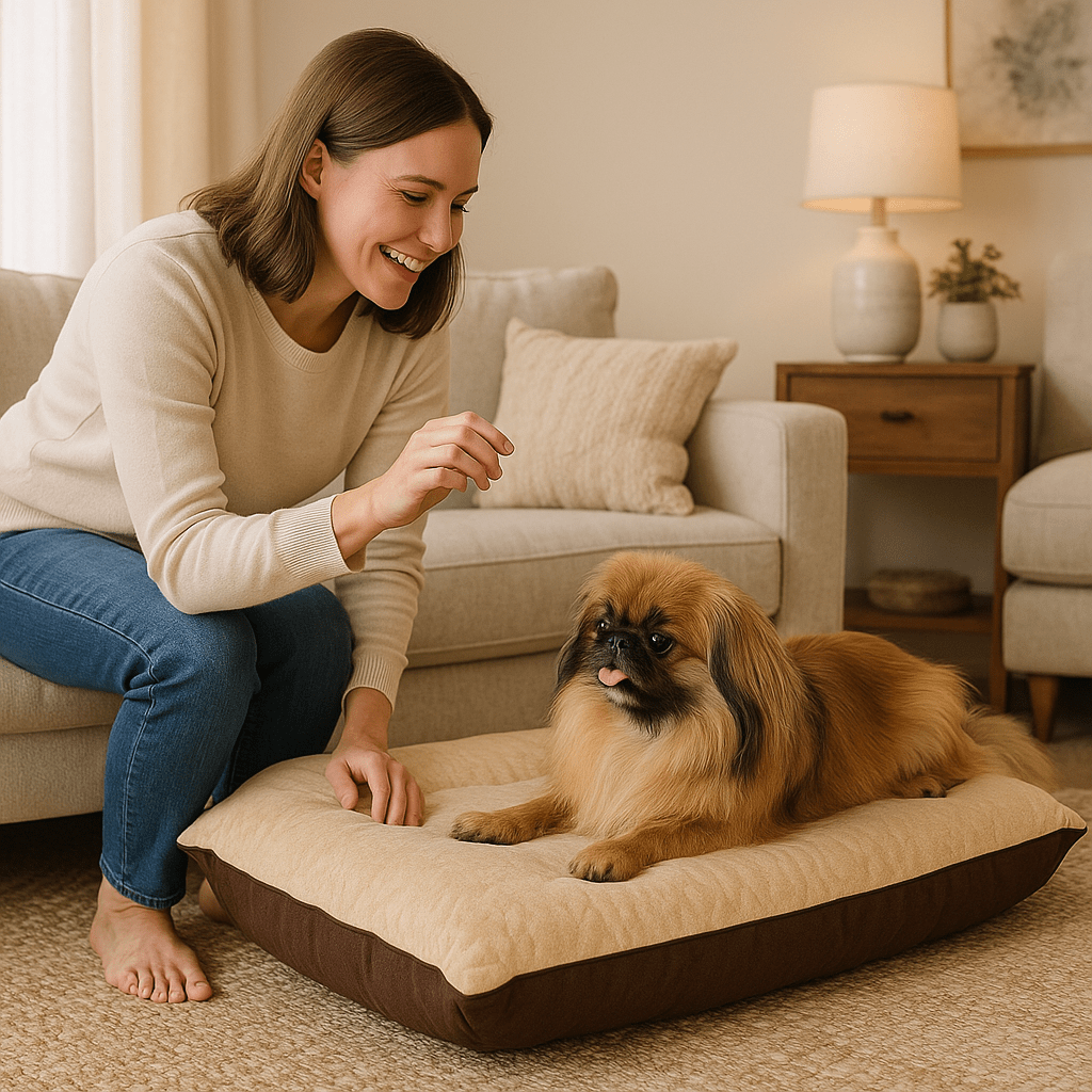 lit-chien-coussin-petit-chien-un chien de petite taille couché confortablement sur son lit en forme de grand oreiller pour chien rembourré en coton haute densité imperméable lavable en machine qui ne retient pas les poils-utilisable en lit ou coussin de panier caisses, cage de transport pour plus de confort pour les chiens