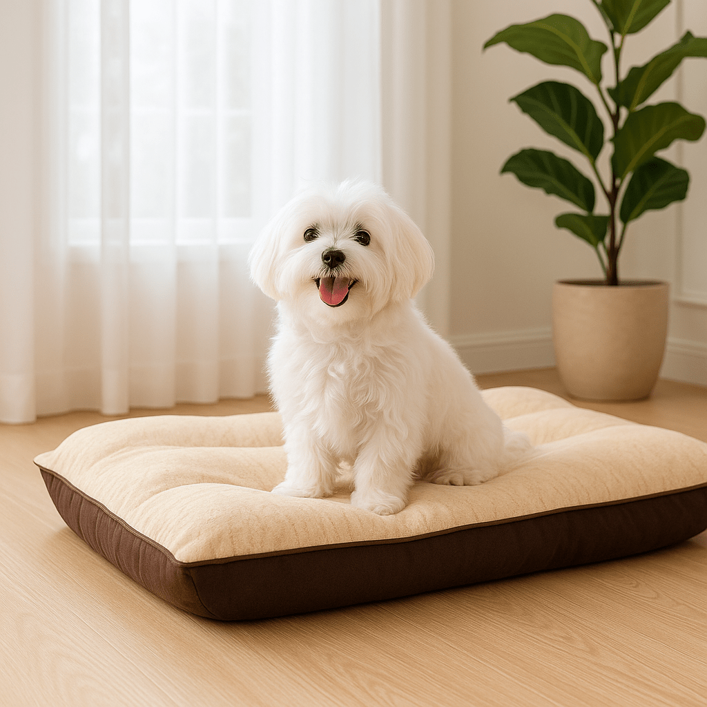 lit-chien-coussin-petit-et-moyen-chien-un chien confortable sur son lit rectangulaire rembourré comme un grand oreiller au rembourrage 100% coton PP avec une housse en suédine douce et tissu oxford imperméable pour chien jusqu'à 20 kg