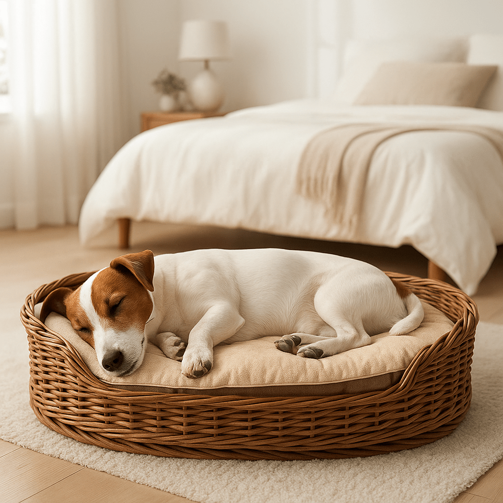 lit-chien-coussin-polyvalent-un chien qui dort paisiblement et confortablement sur le coussin déhoussable et lavable placé dans son panier dans la chambre de l'appartement