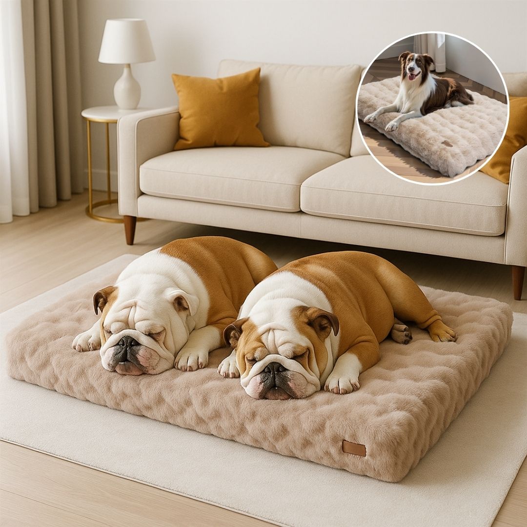lit-chien-xxl-chien-moyen-antidérapant-déhoussable imperméable et lavable en machine-deux-bouledogue couché sur le ventre qui dorment paisiblement leur tête posées sur la housse en peluche douce du lit couleur beige dans le salon de l'appartement