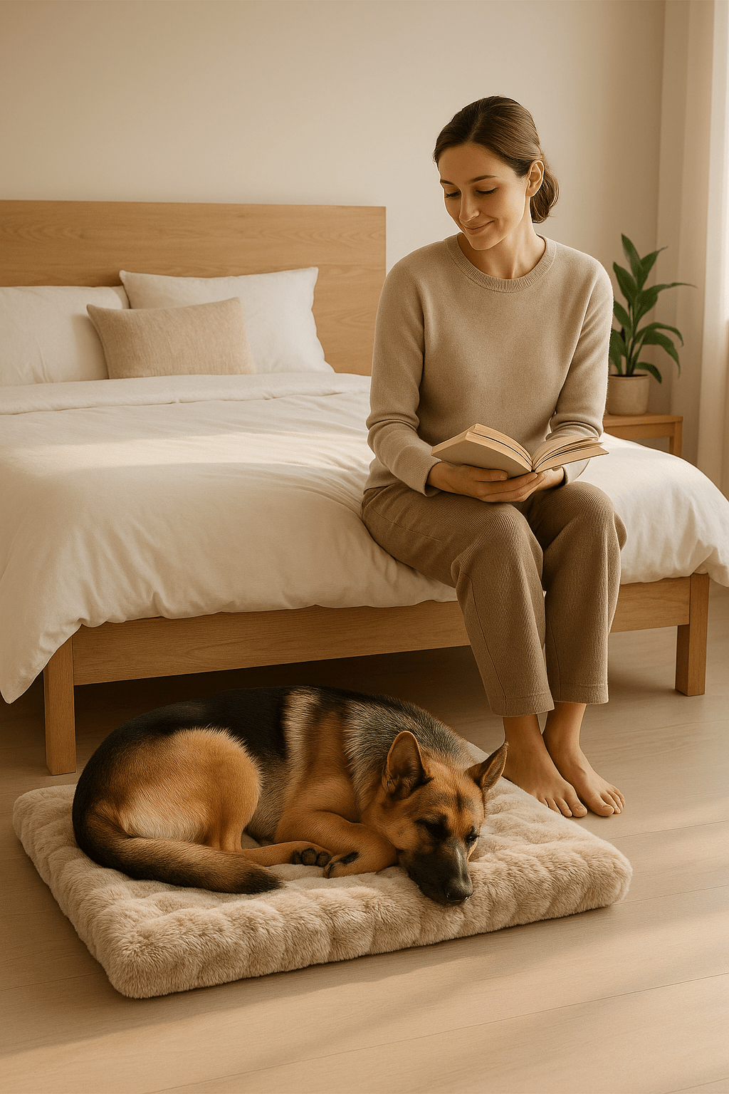 lit-chien-xxl-coussin-rectangulaire-antidérapant-déhoussable imperméable et lavable en machine-un berger allemand qui dort en boule dans son grand lit, son lit posé à côté du lit de son maitre qui le regarde avec amour et un petit sourire de son lit en tenant un livre ouvert dans la chambre à coucher de la maison