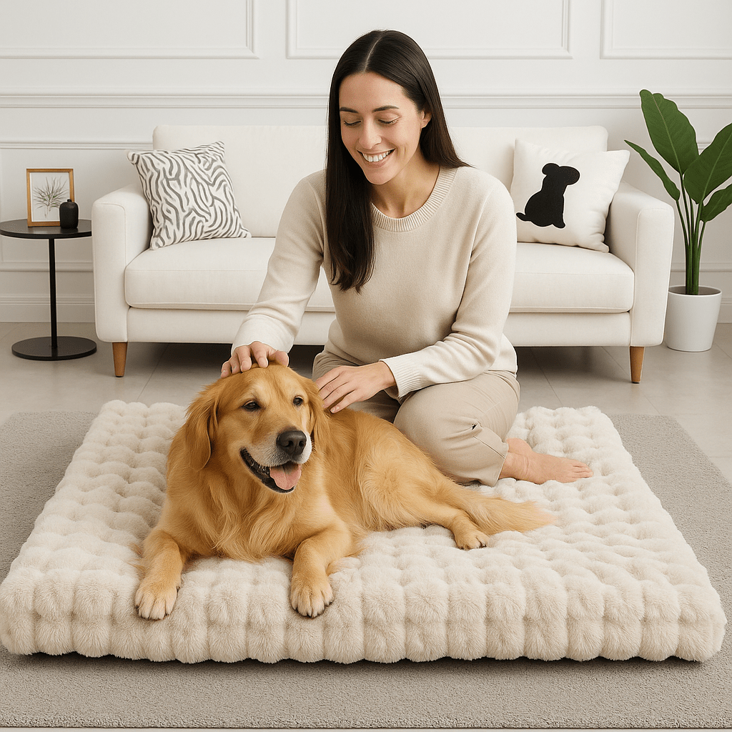 lit-chien-xxl-ergonomique-coussin-rectangulaire-antidérapant-déhoussable imperméable et lavable en machine-un maitre souriant et son grand chien tous deux installés dans le grand lit pour une session caresses dans leur salon