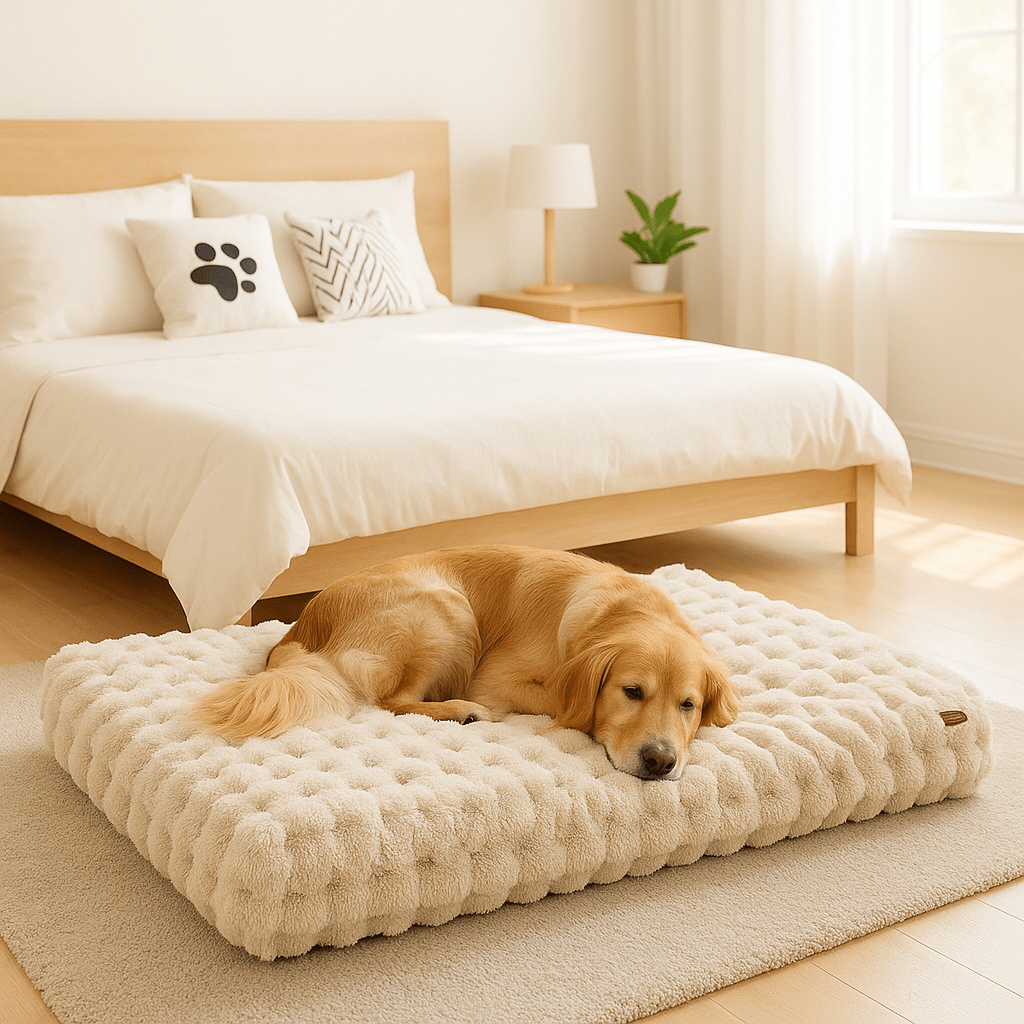 lit-chien-xxl-déhoussable imperméable et lavable en machine-antidérapant-un golden qui dort paisiblement en boule sur la housse en peluche douce et chaude de son matelas rectangulaire de couleur beige dans la chambre à coucher de la maison