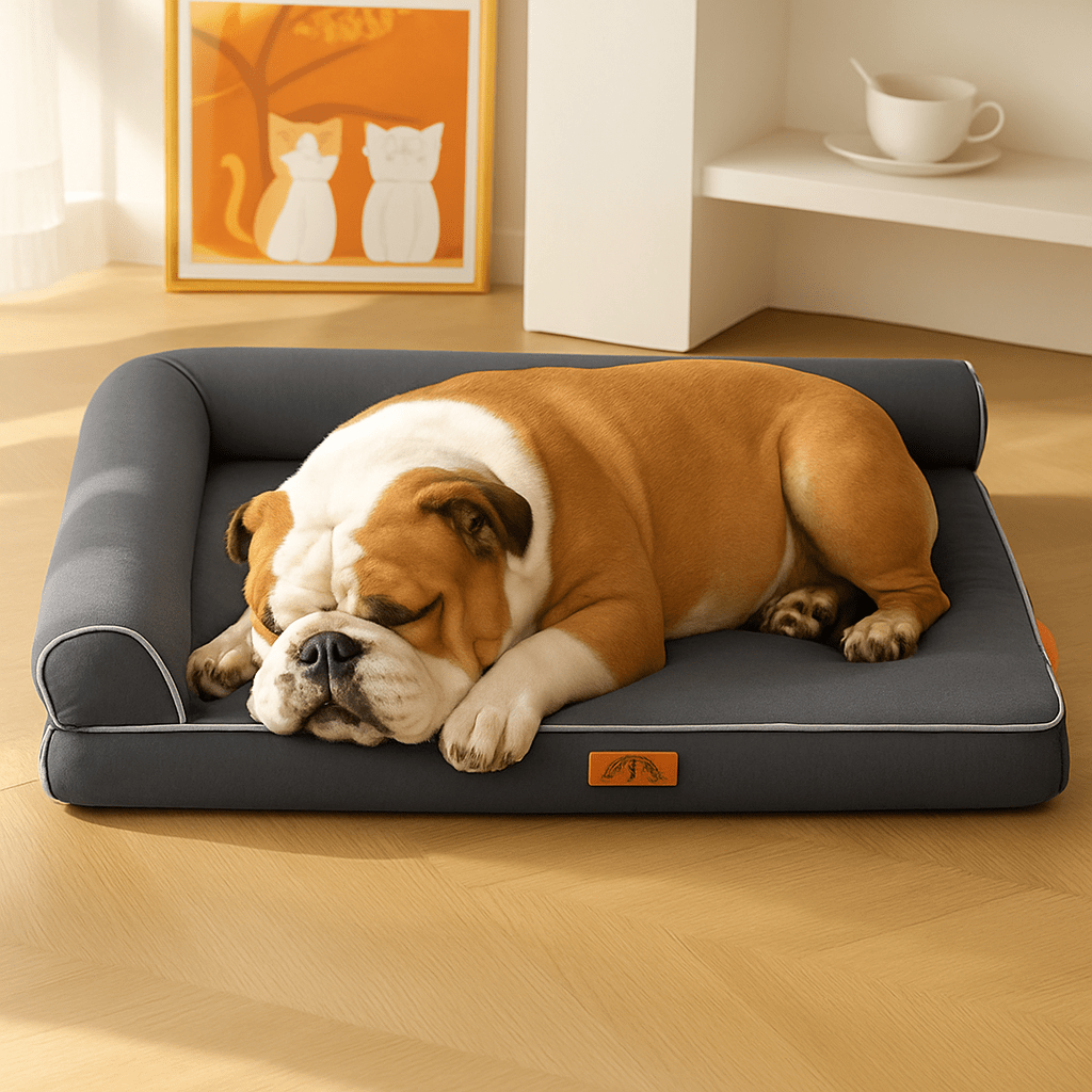 lit-orthopédique-chien-canapé-bleu-un bouledogue couche sur le ventre qui dort paisiblement-sur son lit avec matelas ergonomique à haute résilience de couleur bleu dans son salon