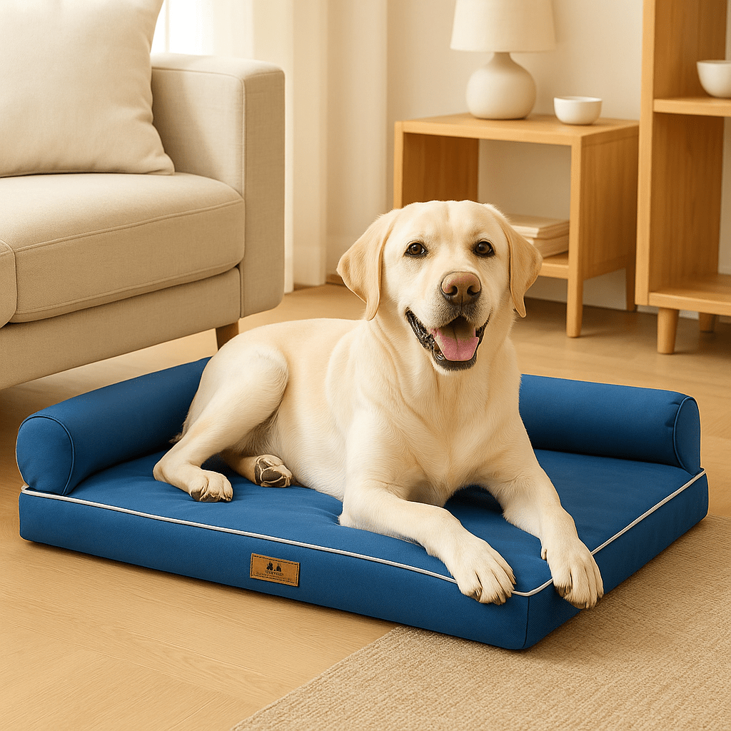 lit-canapé-chien-orthopédique-lavable-un labrador couché sur le lit avec matelas à mémoire de forme 100% coton PP-antidérapant-déhoussable et lavable en machine dans son salon
